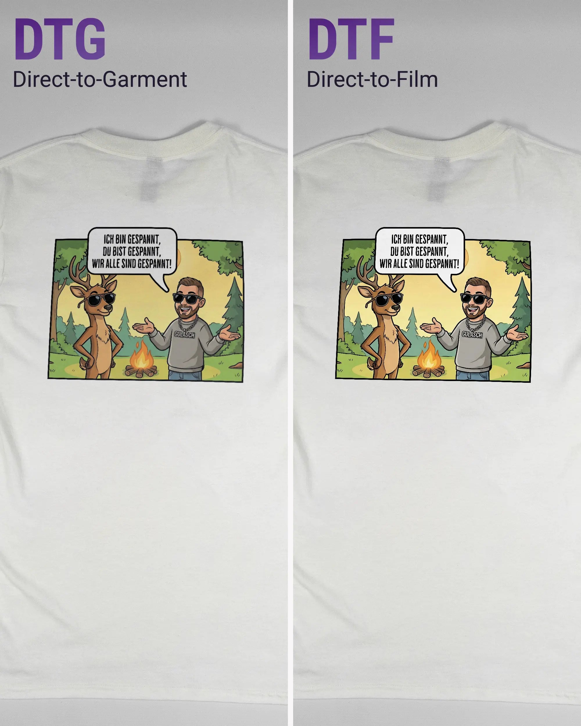 Vergleich der Rückseiten des Basic Unisex T-Shirt Regular von Maondo mit dem Design Vollspannung in der Farbe White und in der Größe S links mit dem Direct-to-Garment und rechts mit dem Direct-to-Film Verfahren