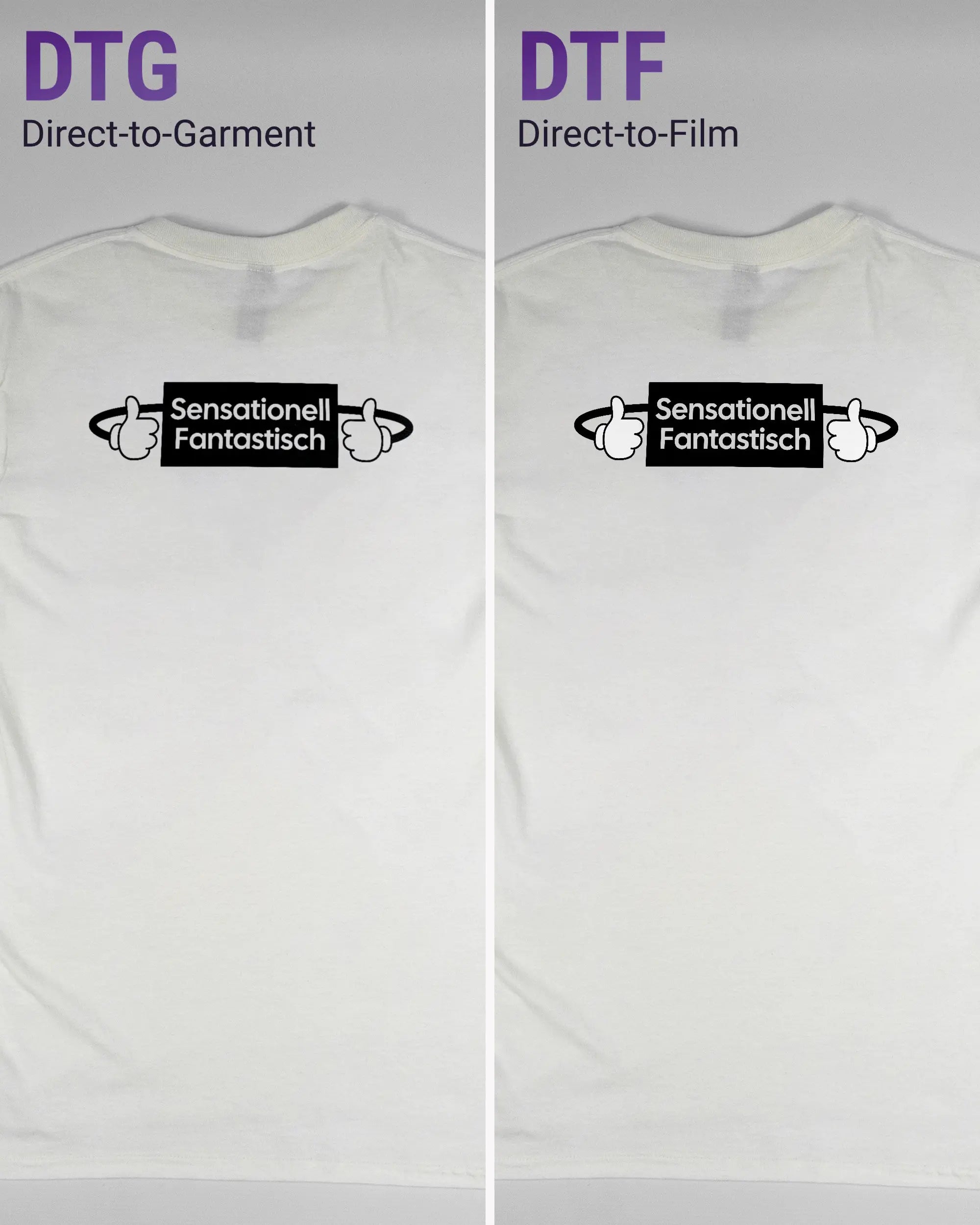 Vergleich der Rückseiten des Basic Unisex T-Shirt Regular von Maondo mit dem Design Fantastisch in der Farbe White und in der Größe S links mit dem Direct-to-Garment und rechts mit dem Direct-to-Film Verfahren