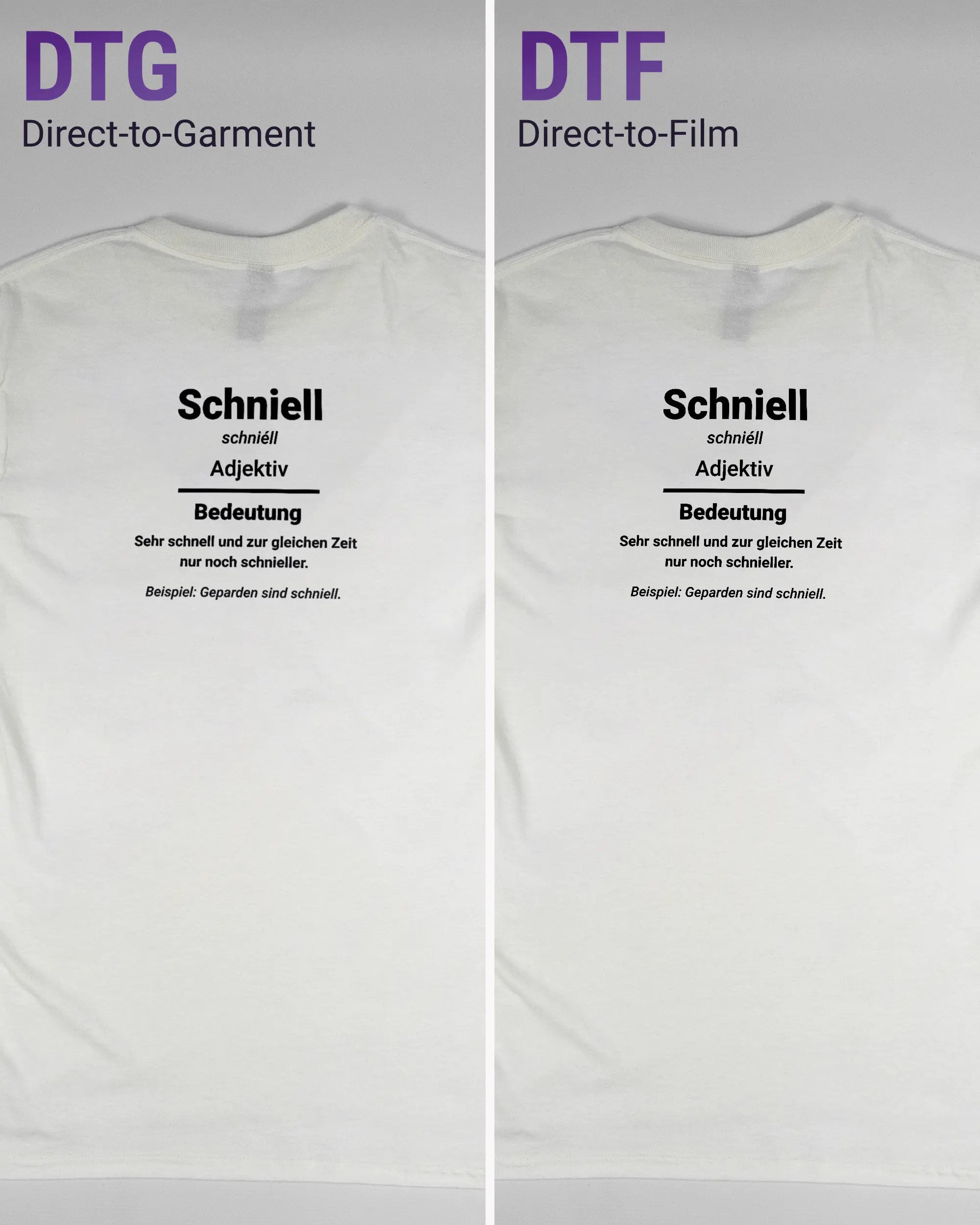Vergleich der Rückseiten des Basic Unisex T-Shirt Regular von Maondo mit dem Design Schniell in der Farbe White und in der Größe S links mit dem Direct-to-Garment und rechts mit dem Direct-to-Film Verfahren