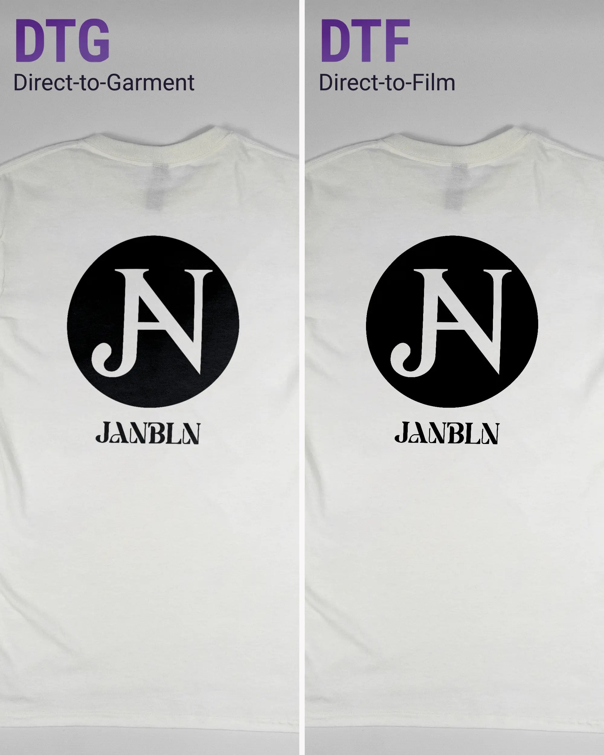 Vergleich der Rückseiten des Basic Unisex T-Shirt Regular von Maondo mit dem Design JB1 in der Farbe White und in der Größe S links mit dem Direct-to-Garment und rechts mit dem Direct-to-Film Verfahren