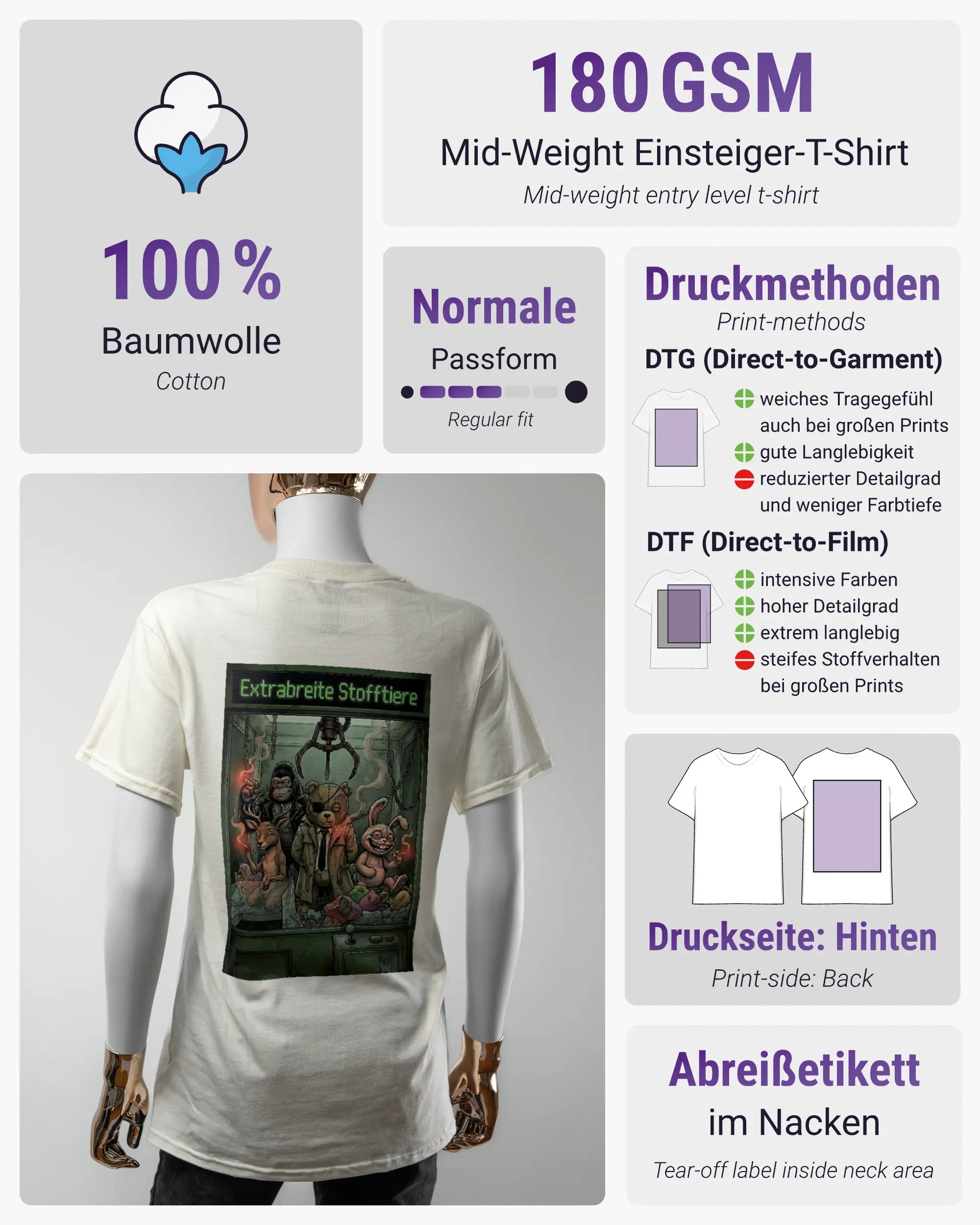 Produktinformationsblatt des Basic Unisex T-Shirt Regular von Maondo mit dem Design Extrabreit hinten in der Farbe White und in der Größe S