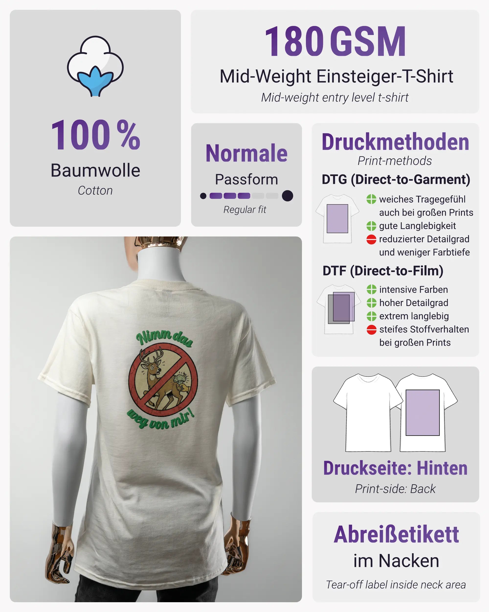 Produktinformationsblatt des Basic Unisex T-Shirt Regular von Maondo mit dem Design Reh weg hinten in der Farbe White und in der Größe S