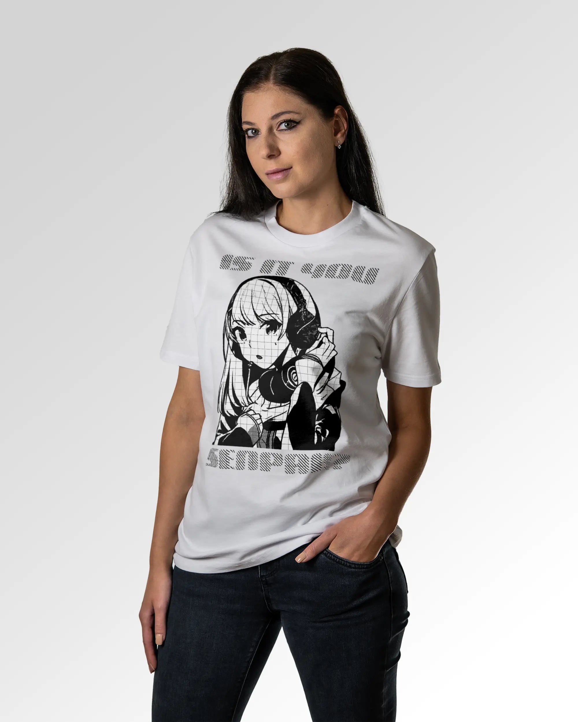 Sekundärer Modelshot der Druckseite des Organic Unisex T-Shirts von Maondo im Casual Fit mit dem Design Senpai it is in der Farbe White