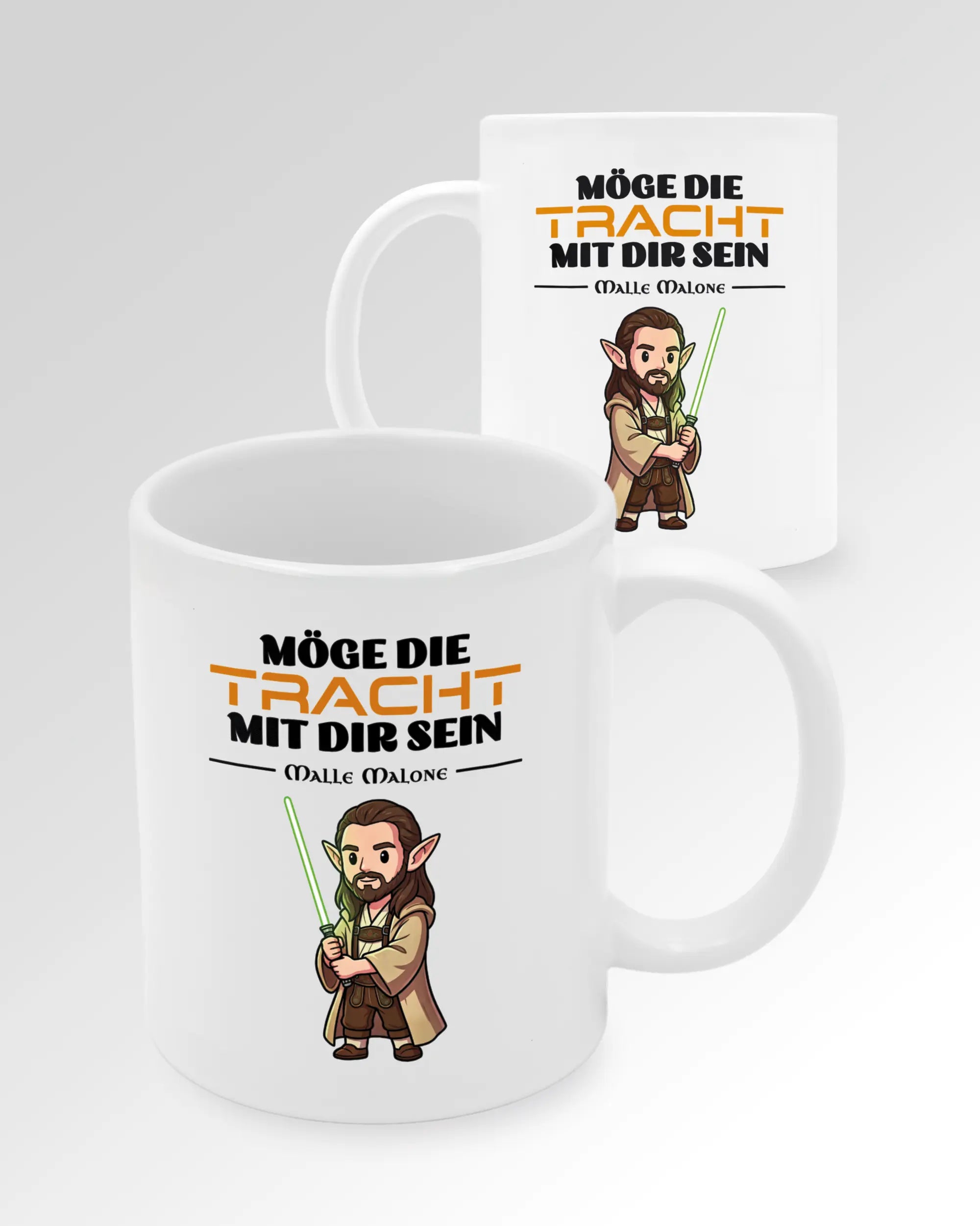 Seitenansicht der beidseitig bedruckten Keramiktasse von Maondo mit dem Design Tracht mit dir in der Farbe White
