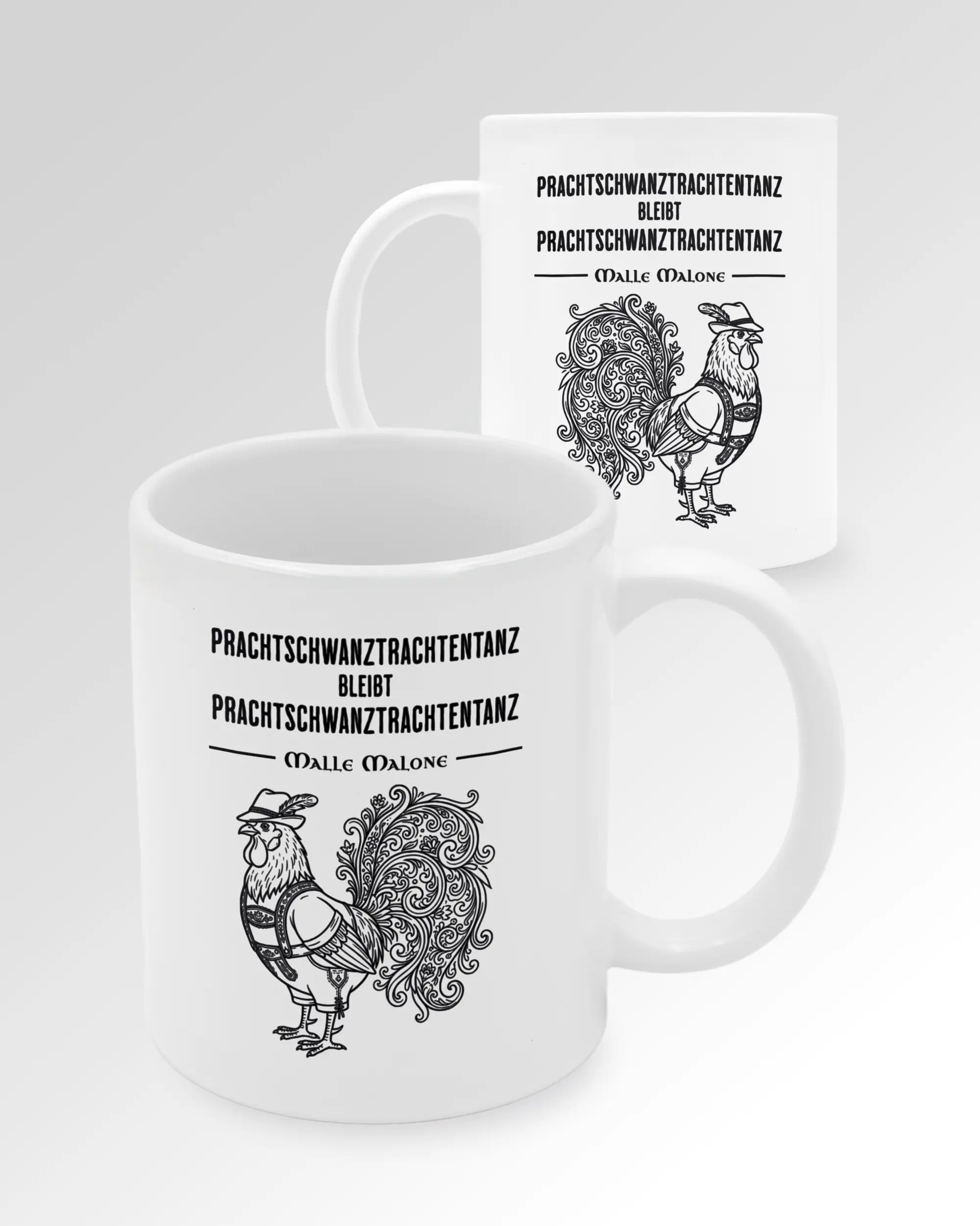 Seitenansicht der beidseitig bedruckten Keramiktasse von Maondo mit dem Design Trachtentanz in der Farbe White