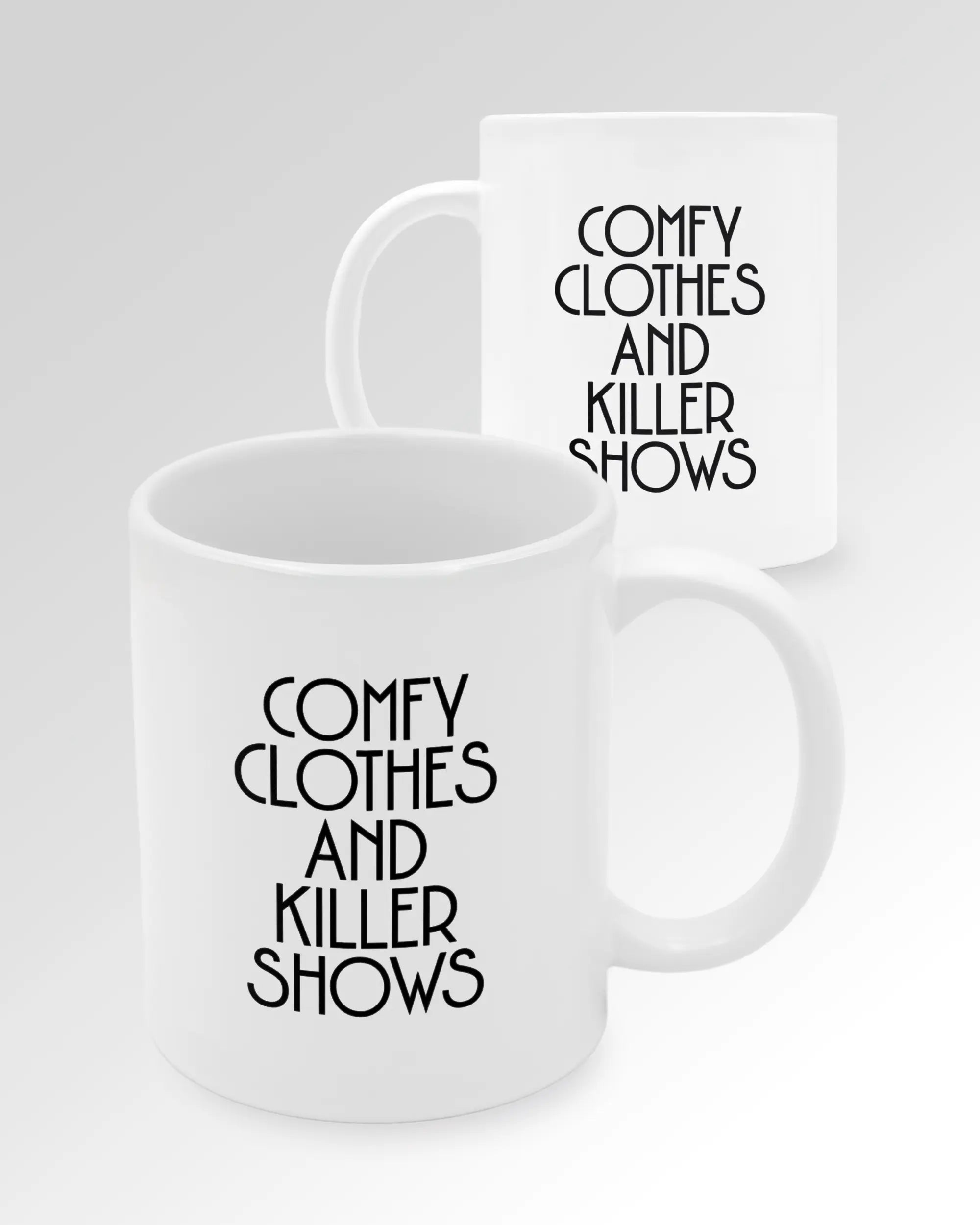 Seitenansicht der beidseitig bedruckten Keramiktasse von Maondo mit dem Design Killer Shows in der Farbe White