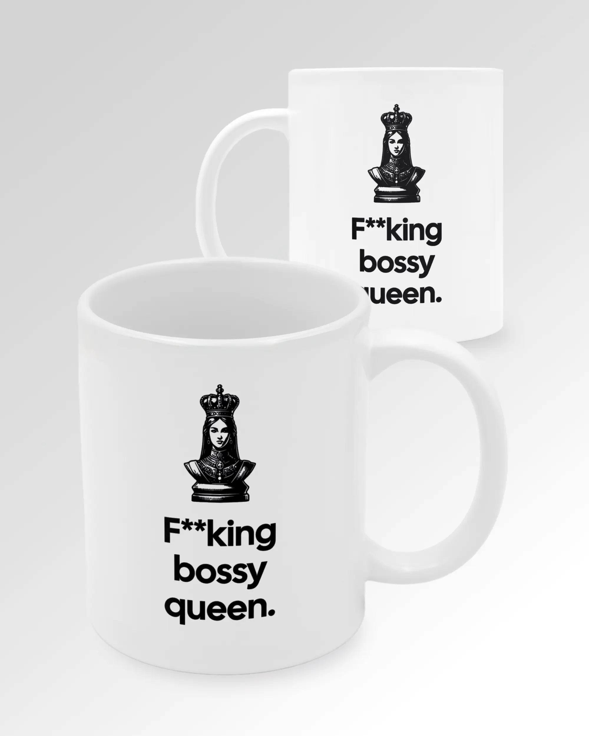 Seitenansicht der beidseitig bedruckten Keramiktasse von Maondo mit dem Design Bossy Queen in der Farbe White