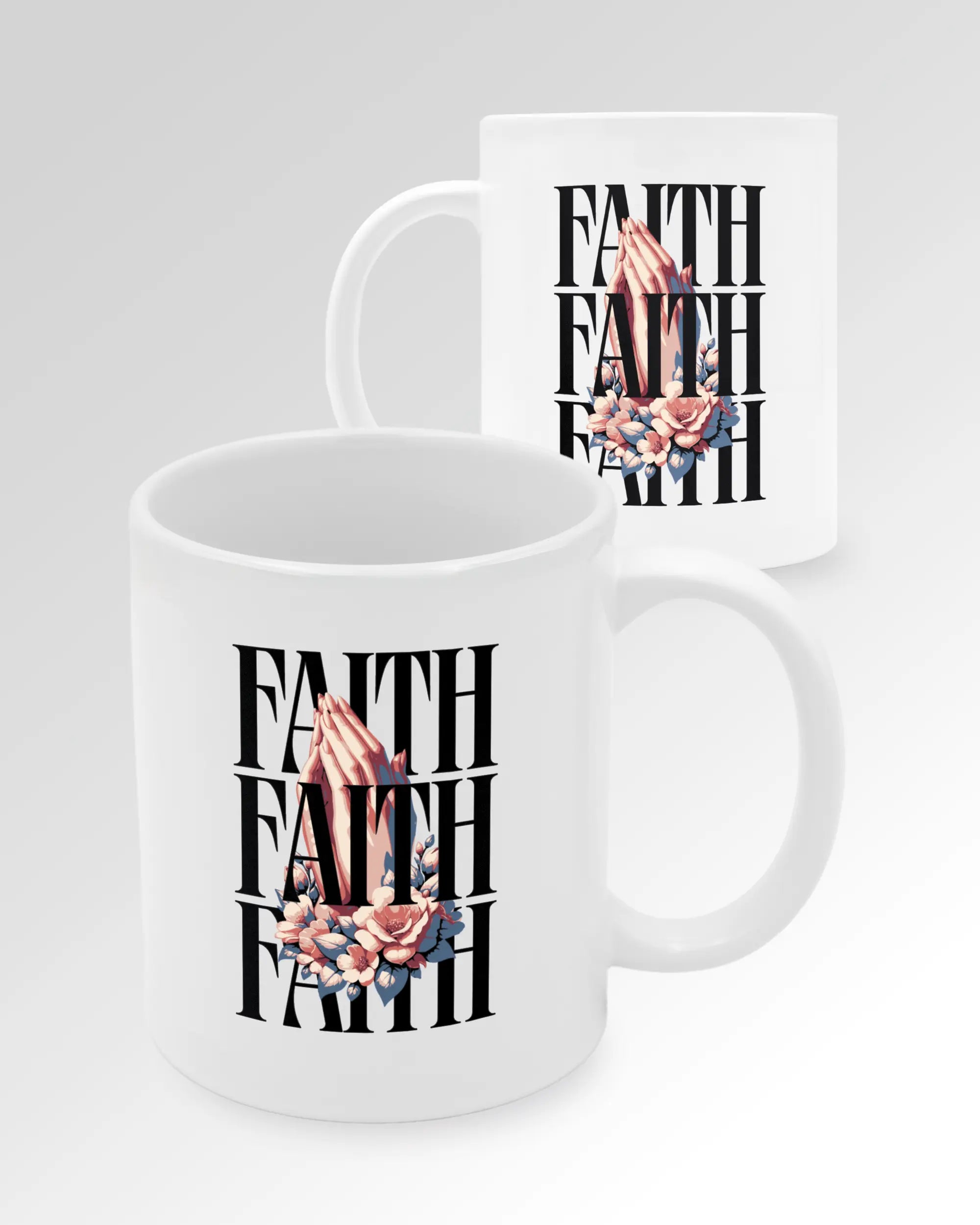 Seitenansicht der beidseitig bedruckten Keramiktasse von Maondo mit dem Design Faith X3 in der Farbe White