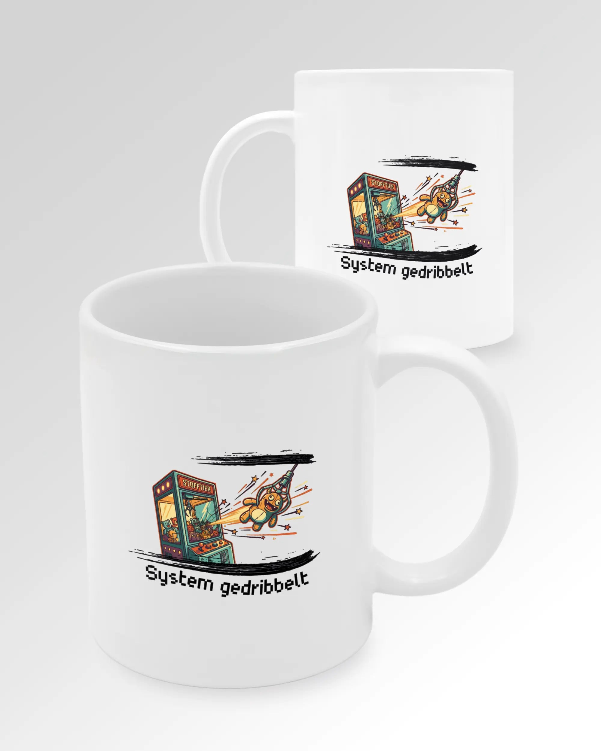 Seitenansicht der beidseitig bedruckten Keramiktasse von Maondo mit dem Design System gedribbelt in der Farbe White