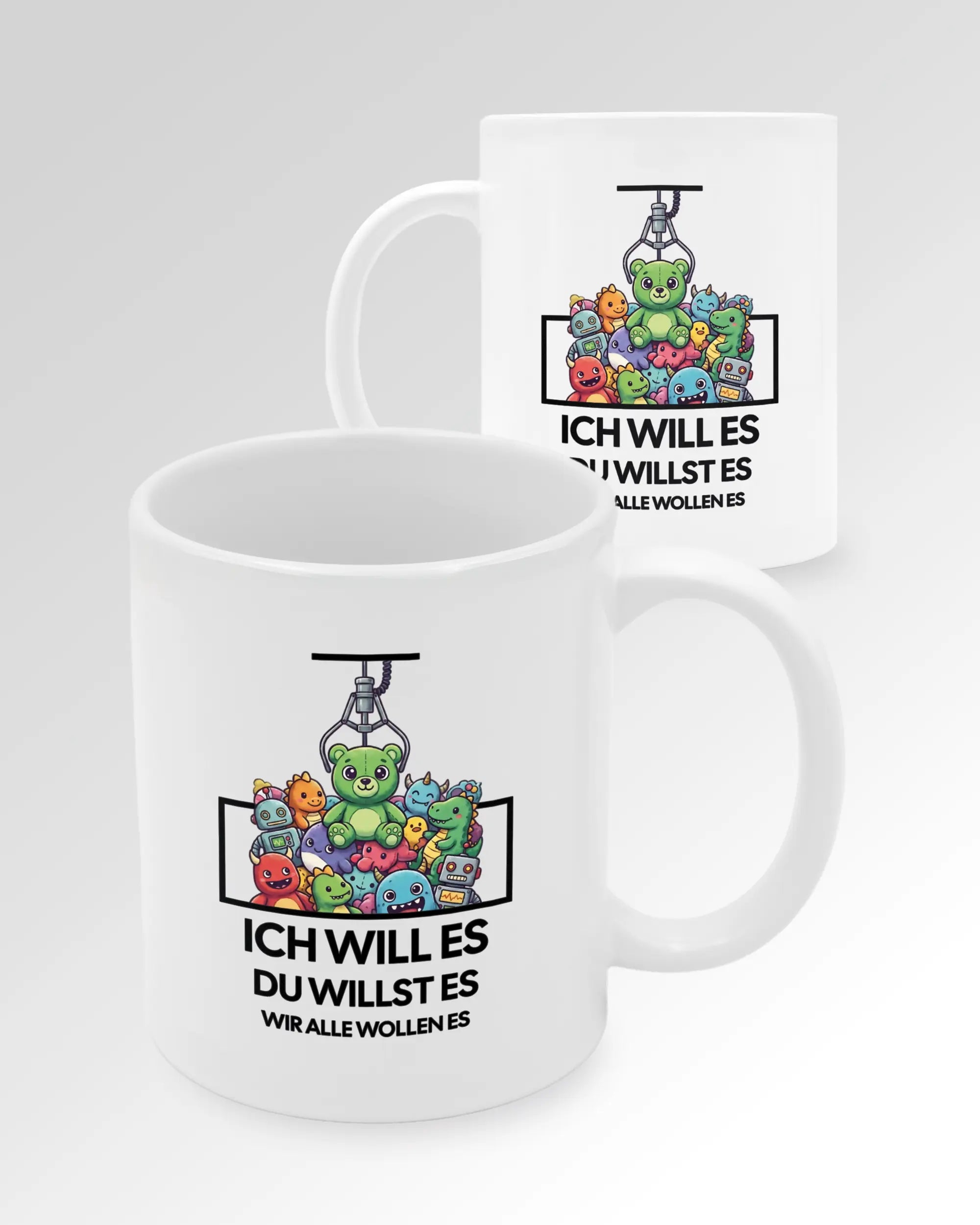 Seitenansicht der beidseitig bedruckten Keramiktasse von Maondo mit dem Design Will Stofftier in der Farbe White