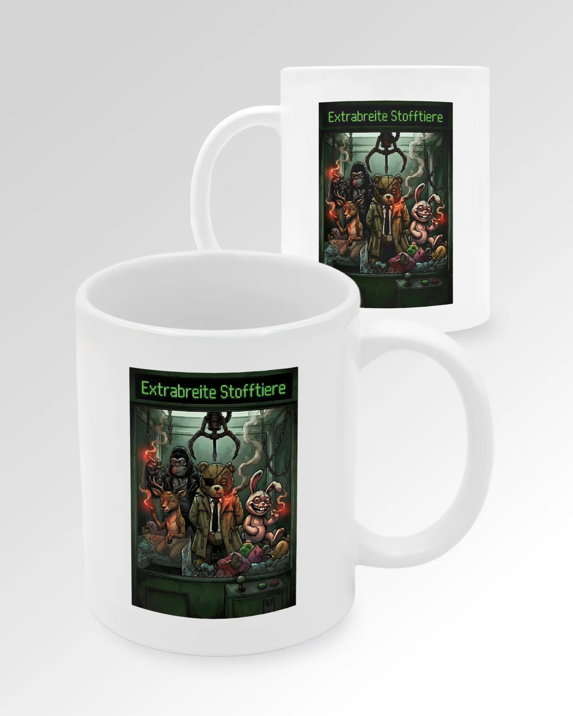 Seitenansicht der beidseitig bedruckten Keramiktasse von Maondo mit dem Design Extrabreit in der Farbe White