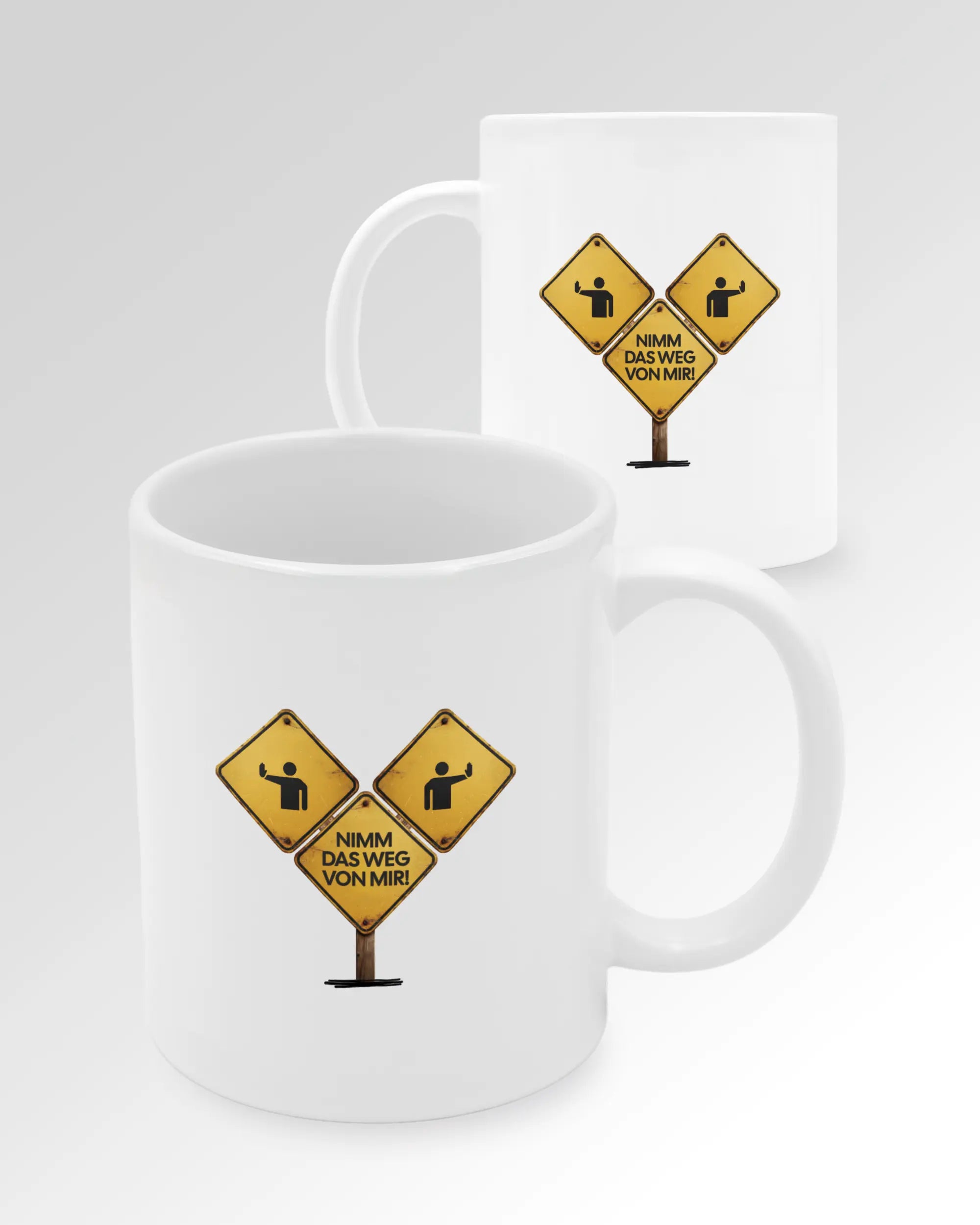 Seitenansicht der beidseitig bedruckten Keramiktasse von Maondo mit dem Design Schutzschild in der Farbe White