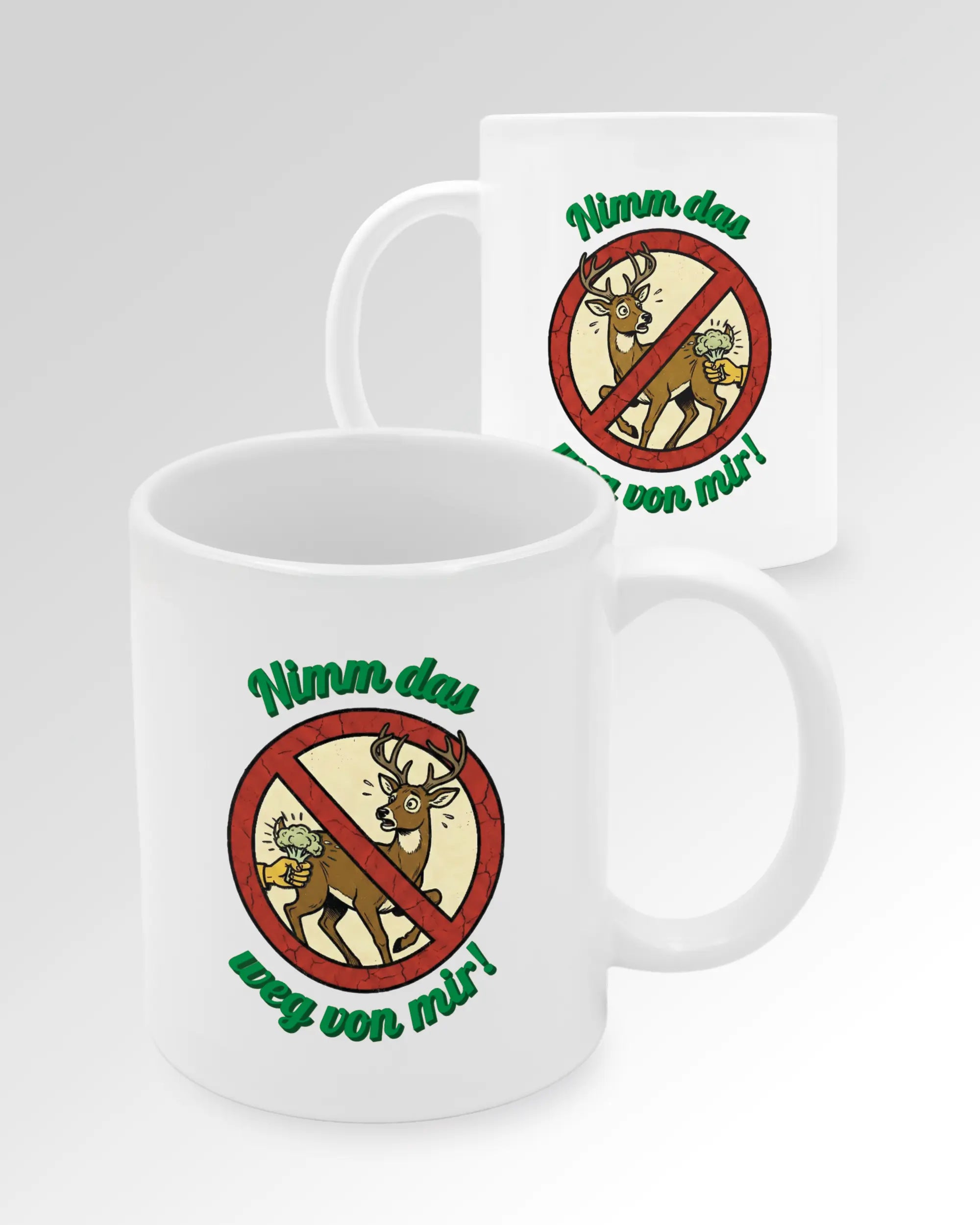 Seitenansicht der beidseitig bedruckten Keramiktasse von Maondo mit dem Design Reh weg in der Farbe White