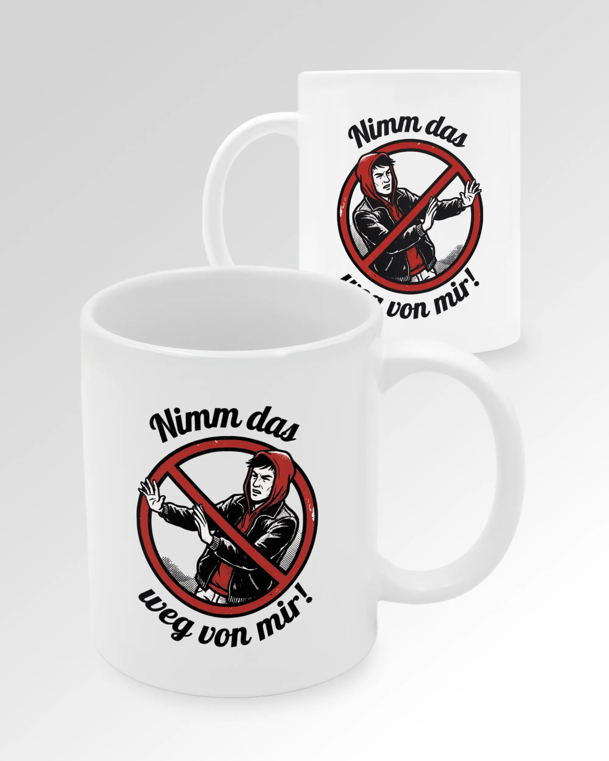 Seitenansicht der beidseitig bedruckten Keramiktasse von Maondo mit dem Design Nimm das weg in der Farbe White