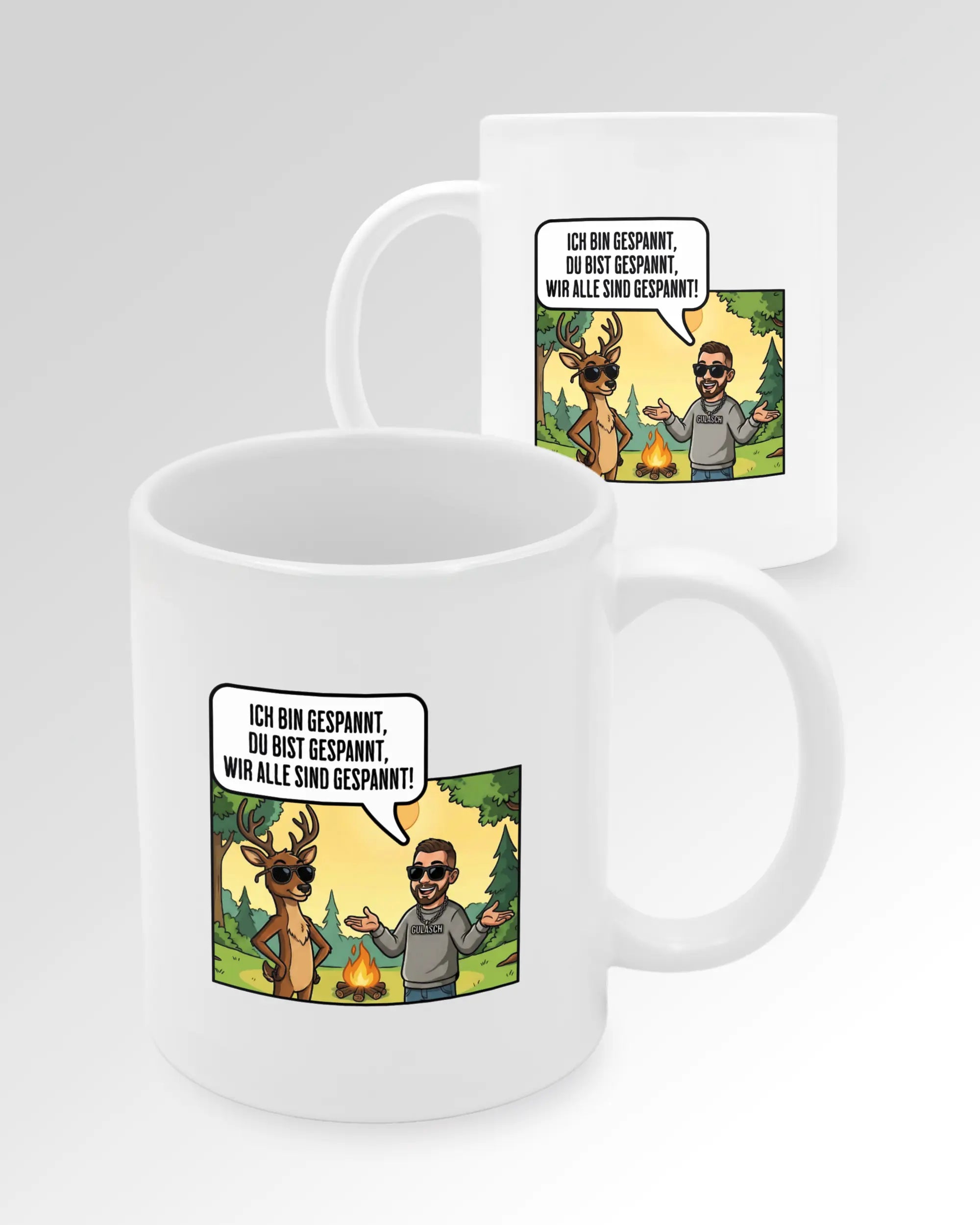 Seitenansicht der beidseitig bedruckten Keramiktasse von Maondo mit dem Design Vollspannung in der Farbe White