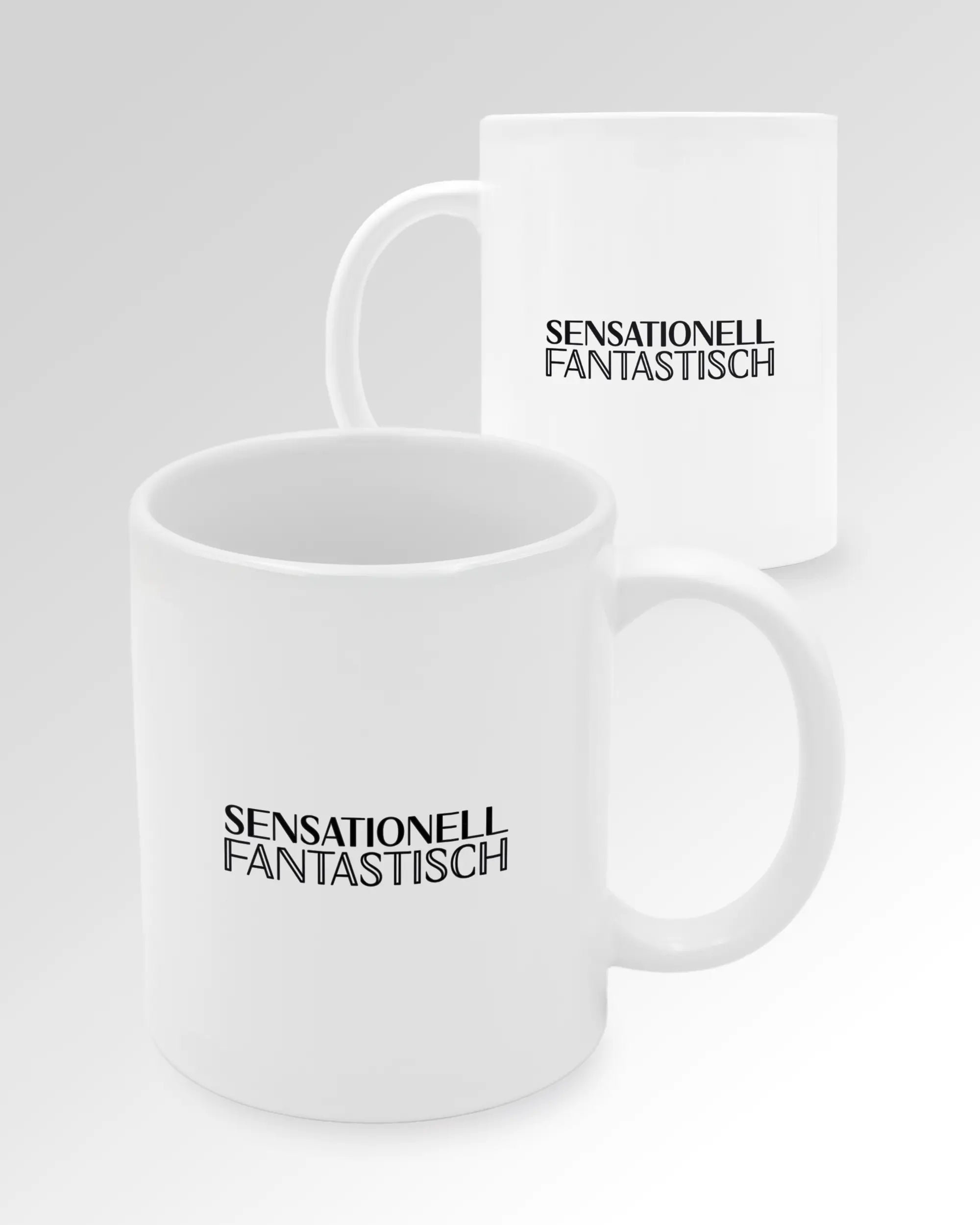 Seitenansicht der beidseitig bedruckten Keramiktasse von Maondo mit dem Design Sensationell in der Farbe White