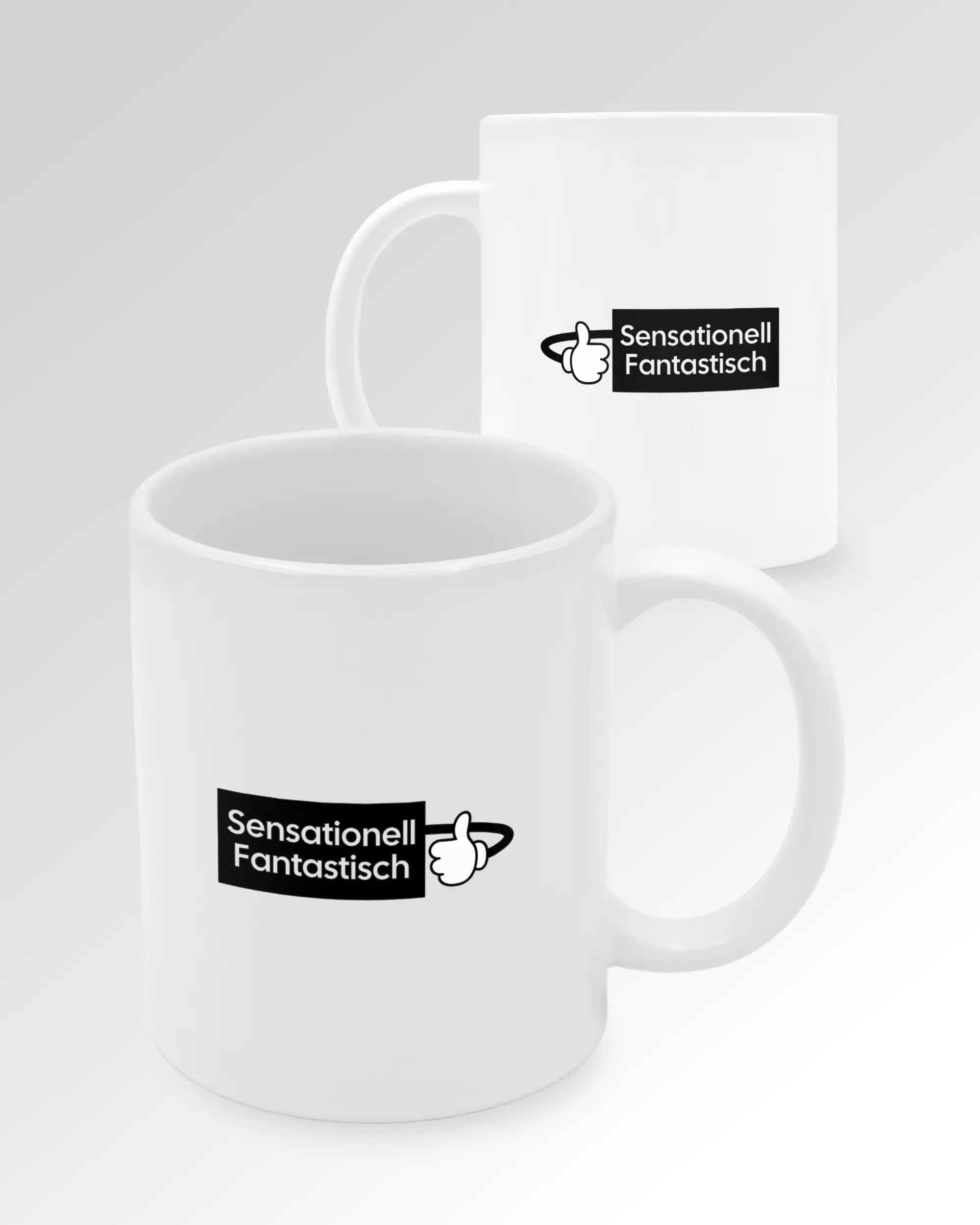 Seitenansicht der beidseitig bedruckten Keramiktasse von Maondo mit dem Design Fantastisch in der Farbe White