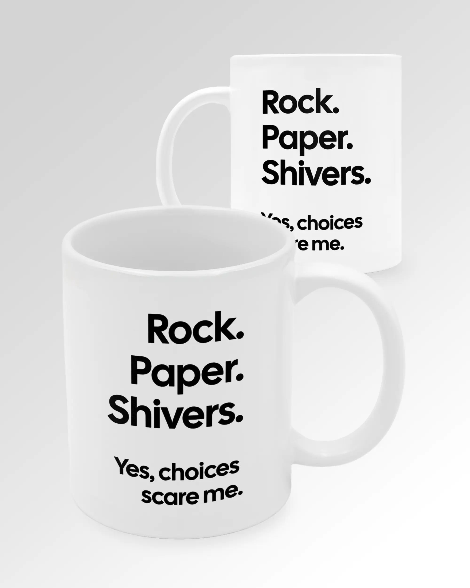 Seitenansicht der beidseitig bedruckten Keramiktasse von Maondo mit dem Design Rock Paper Shivers in der Farbe White