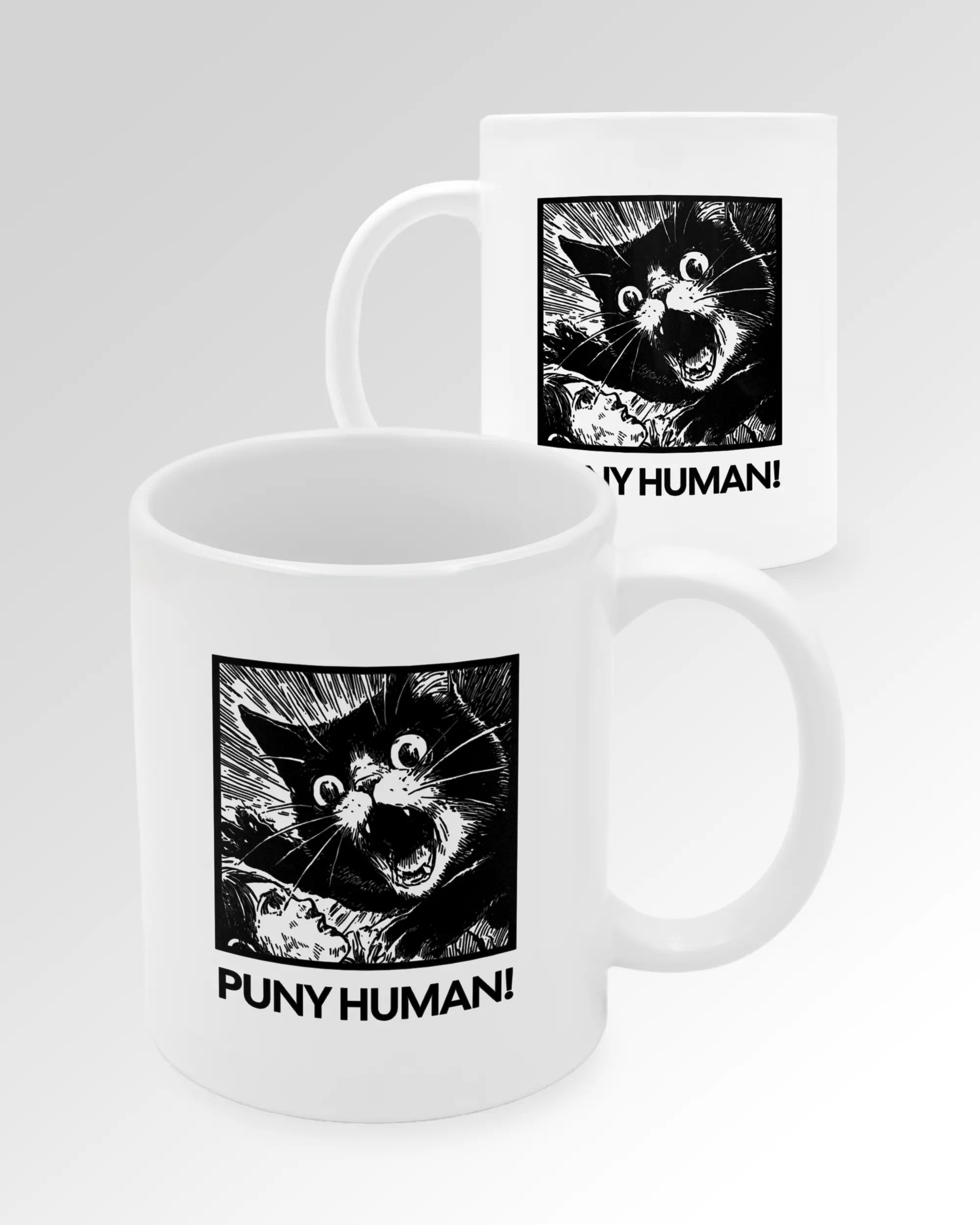 Seitenansicht der beidseitig bedruckten Keramiktasse von Maondo mit dem Design Puny Human in der Farbe White