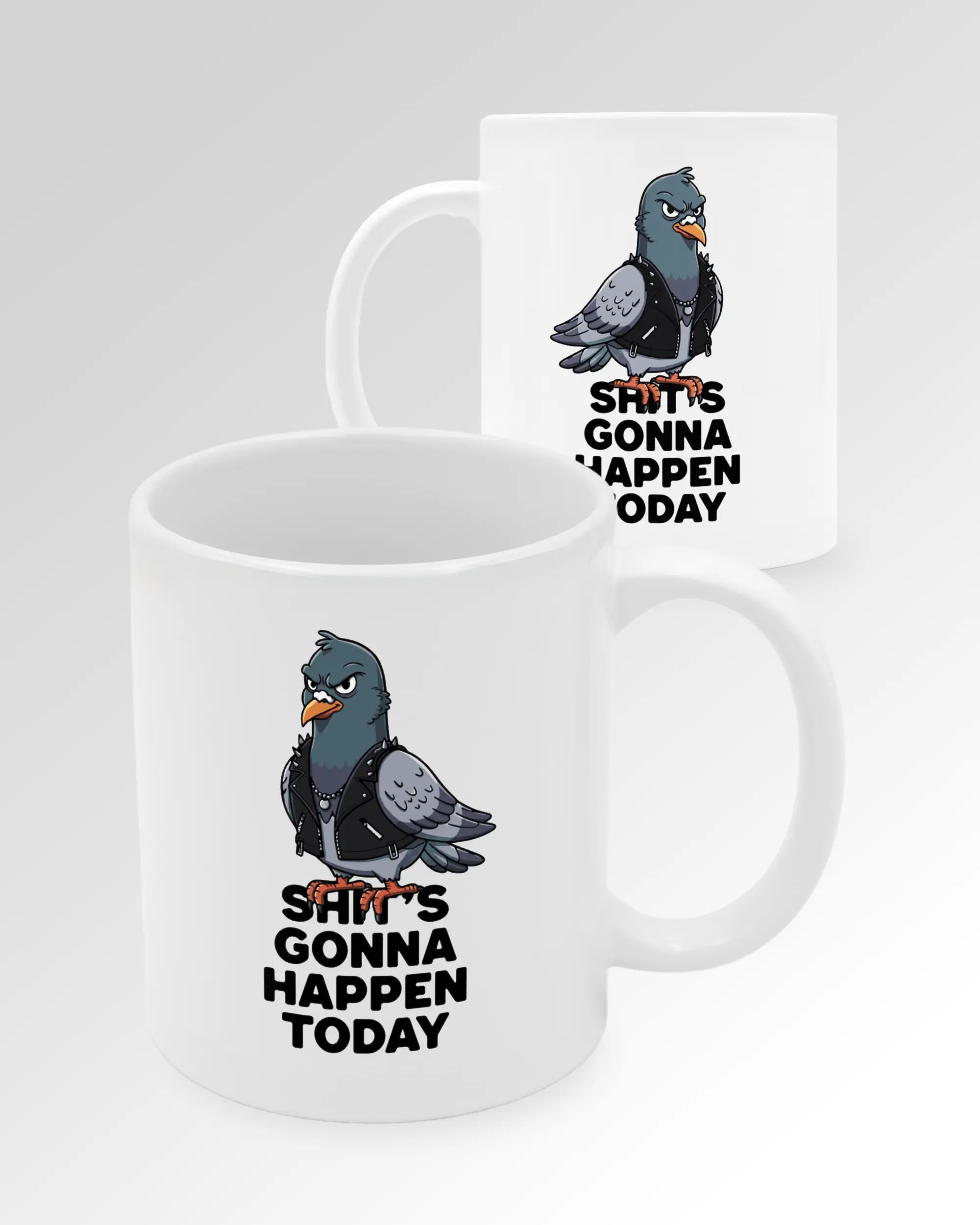 Seitenansicht der beidseitig bedruckten Keramiktasse von Maondo mit dem Design Pigeon Pun in der Farbe White