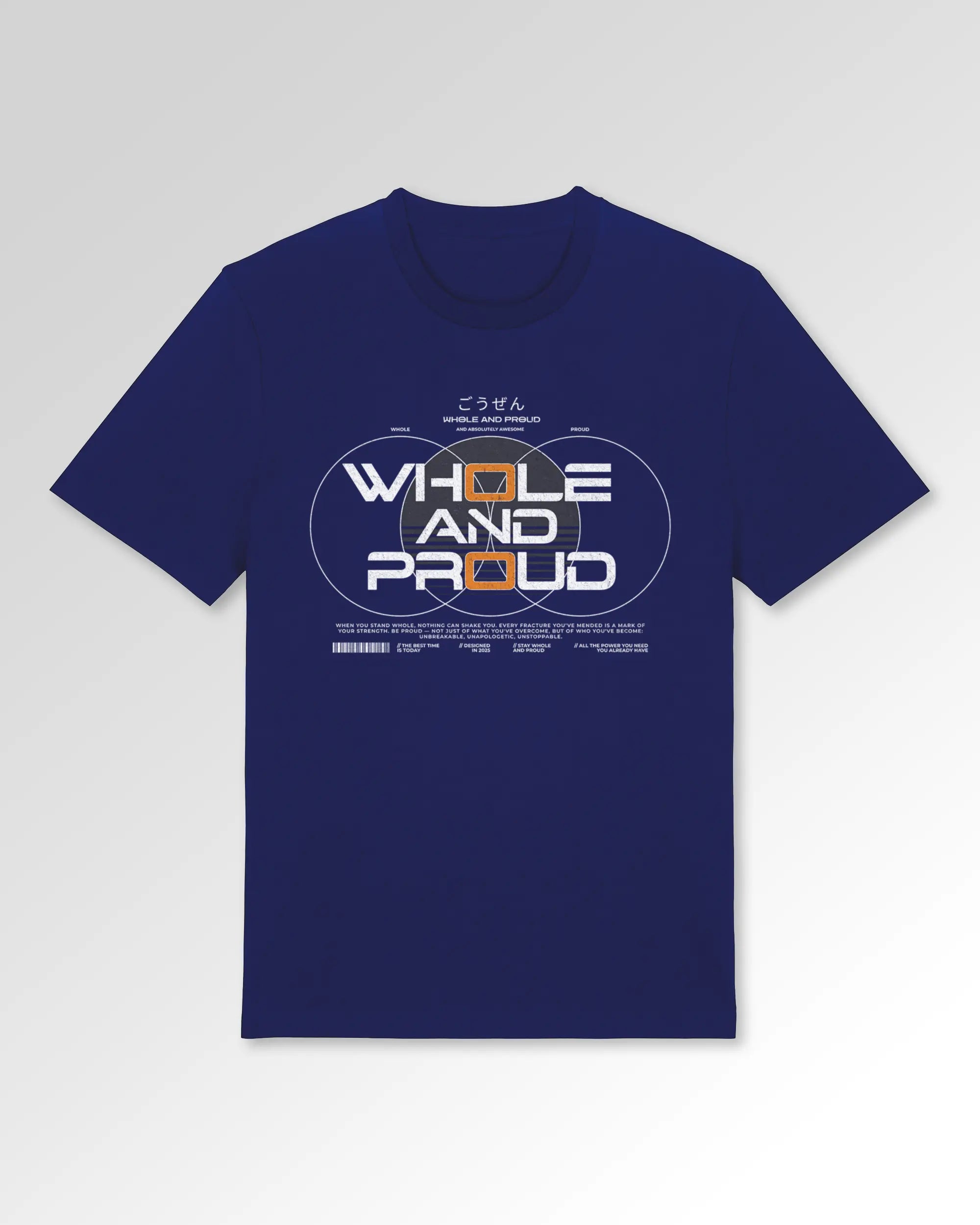 Packshot der primären Druckseite des Organic Unisex T-Shirts von Maondo im Casual Fit mit dem Design Whole and proud in der Farbe Worker Blue