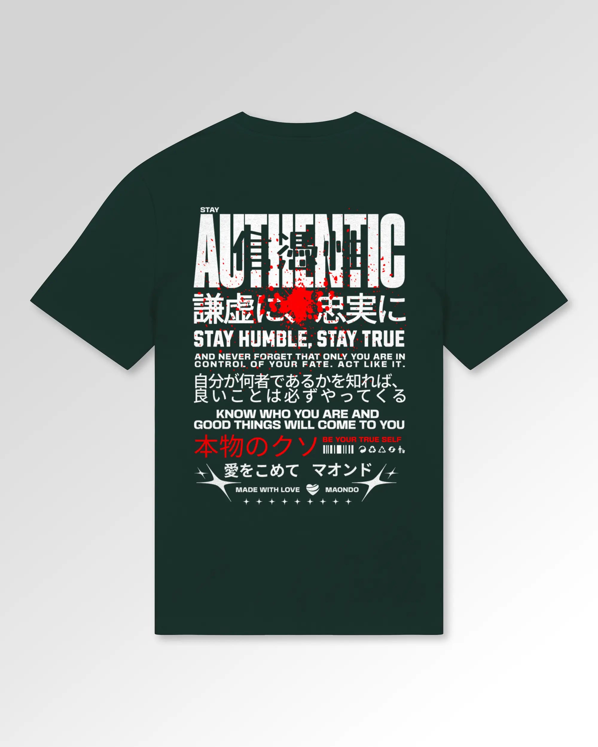 Packshot der sekundären Druckseite des Organic Unisex T-Shirts von Maondo im Casual Fit mit dem Design Authentic Shit in der Farbe Glazed Green
