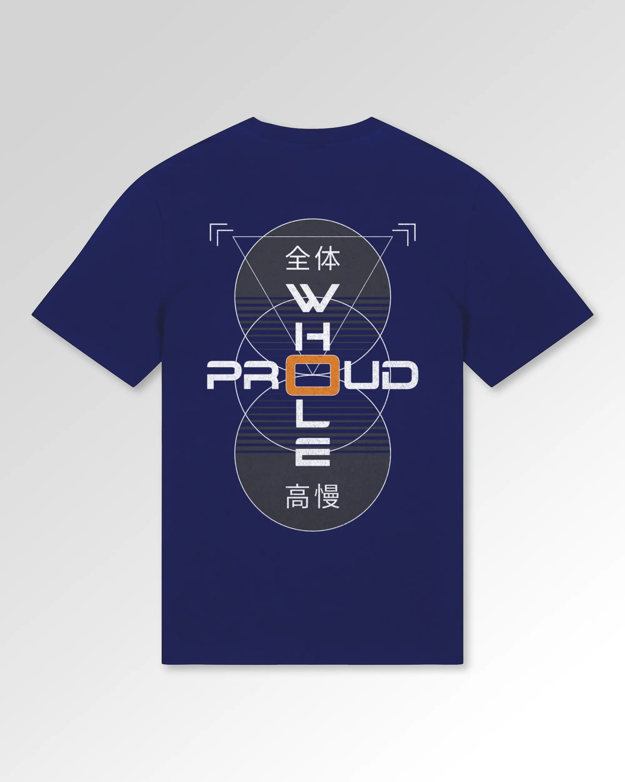 Packshot der sekundären Druckseite des Organic Unisex T-Shirts von Maondo im Casual Fit mit dem Design Whole and proud in der Farbe Worker Blue