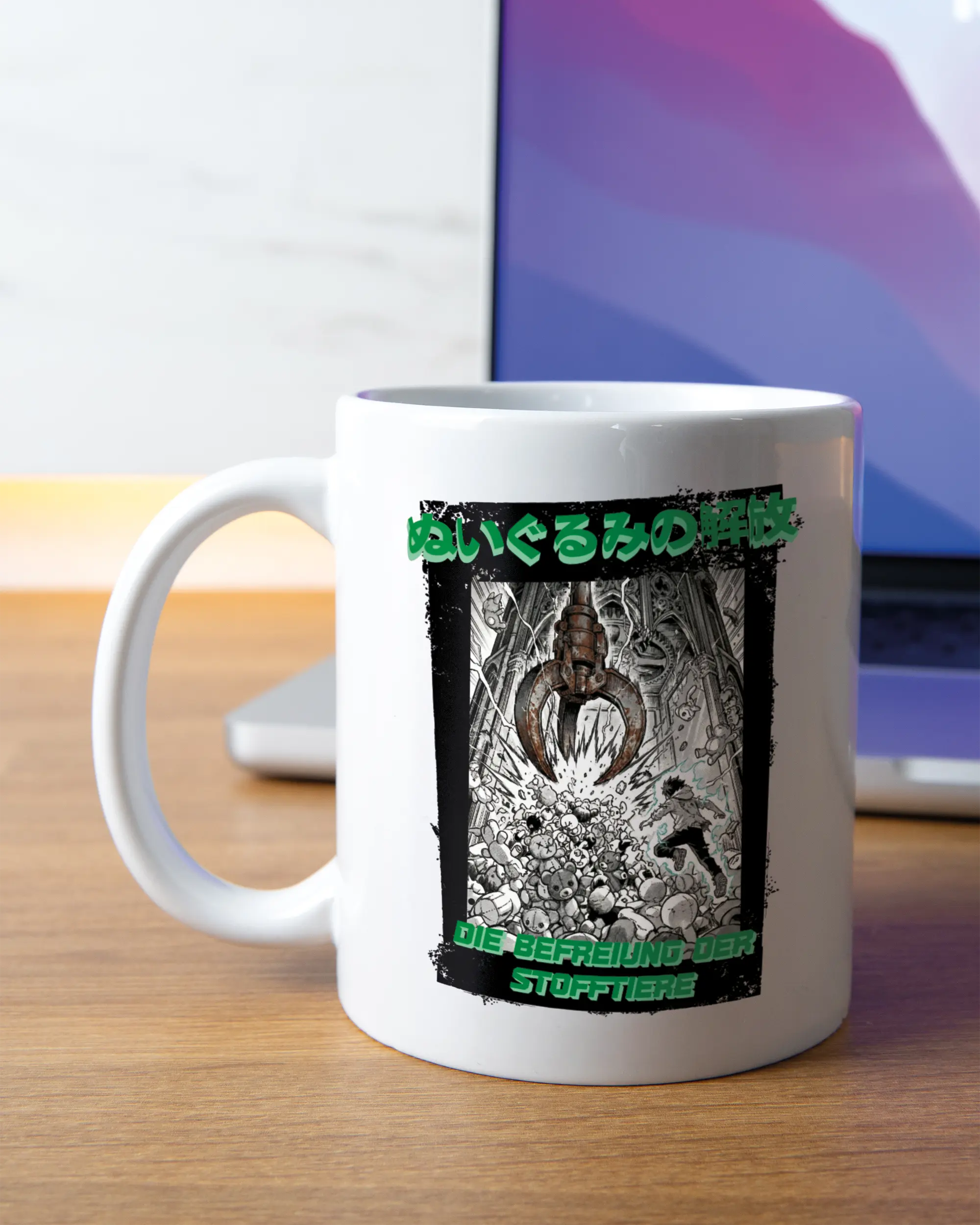 Homeoffice Aufnahme der linken Seite der beidseitig bedruckten Keramiktasse von Maondo mit dem Design Save 1 Stofftier in der Farbe White