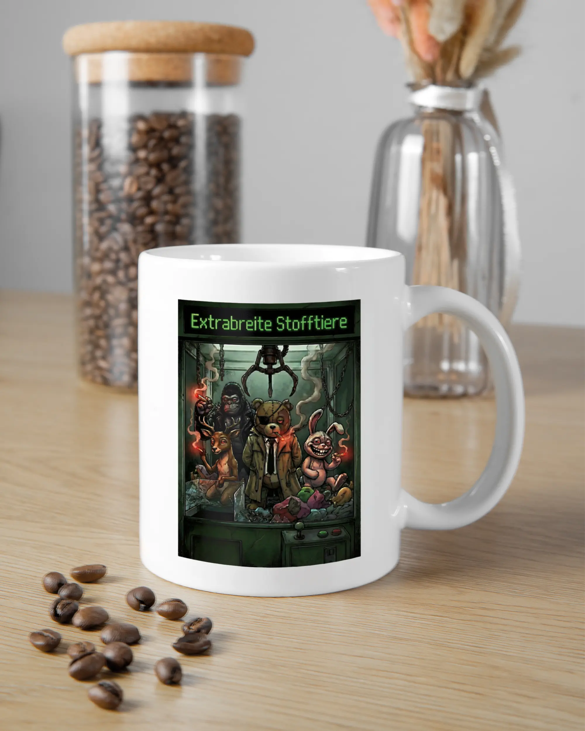 Küchentischansicht der rechten Seite der beidseitig bedruckten Keramiktasse von Maondo mit dem Design Extrabreit in der Farbe White