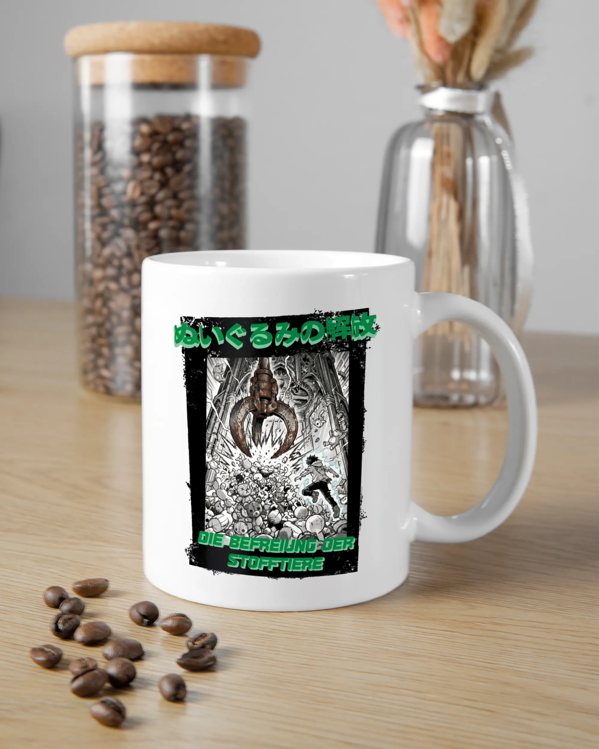 Küchentischansicht der rechten Seite der beidseitig bedruckten Keramiktasse von Maondo mit dem Design Save 1 Stofftier in der Farbe White