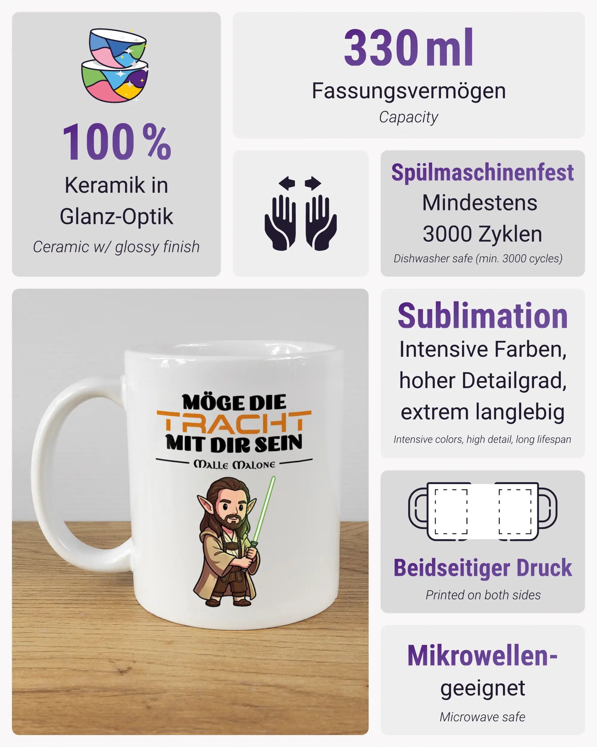 Produktinformationsblatt der beidseitig bedruckten Keramiktasse von Maondo mit dem Design Tracht mit dir in der Farbe White