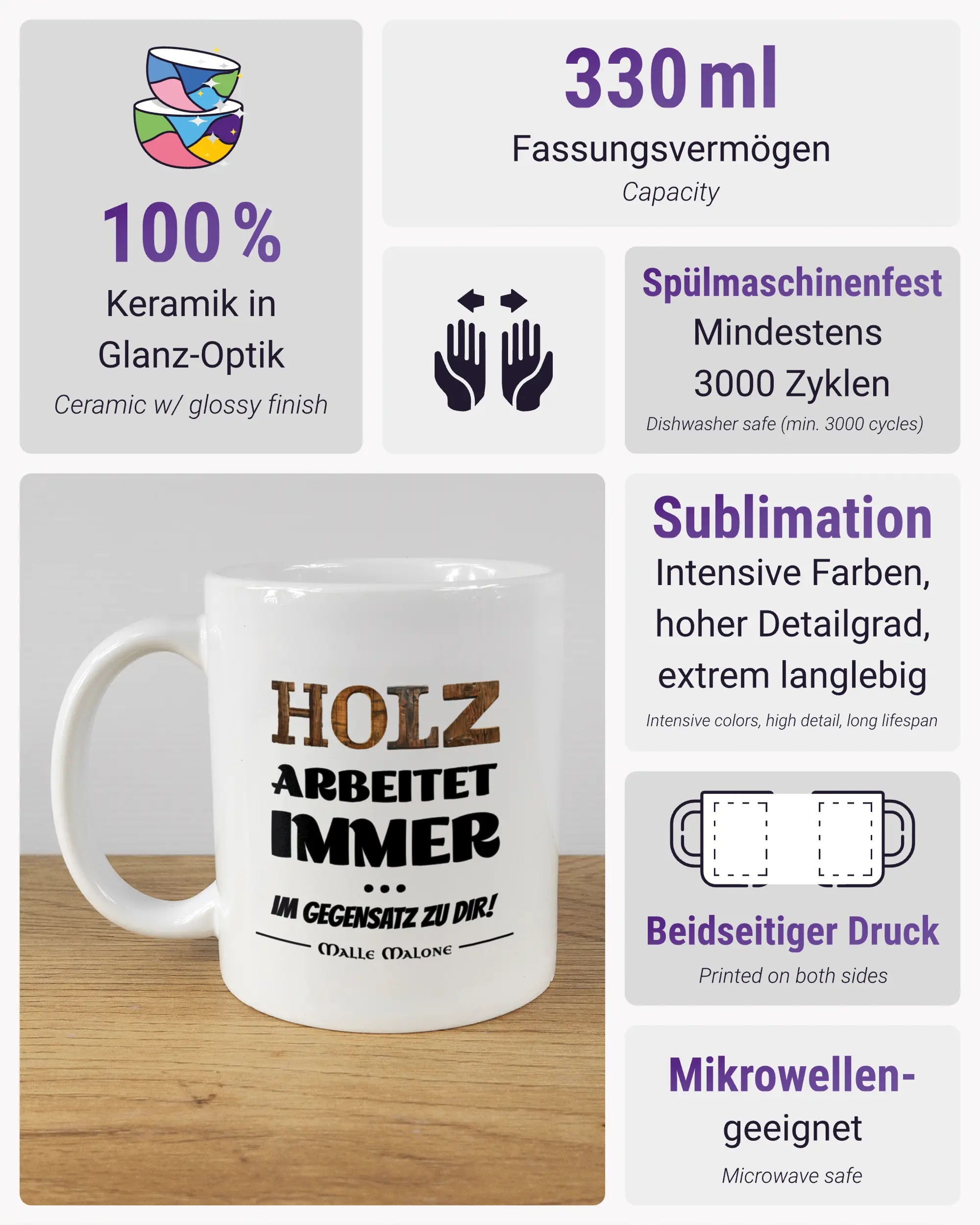 Produktinformationsblatt der beidseitig bedruckten Keramiktasse von Maondo mit dem Design Holzarbeit in der Farbe White