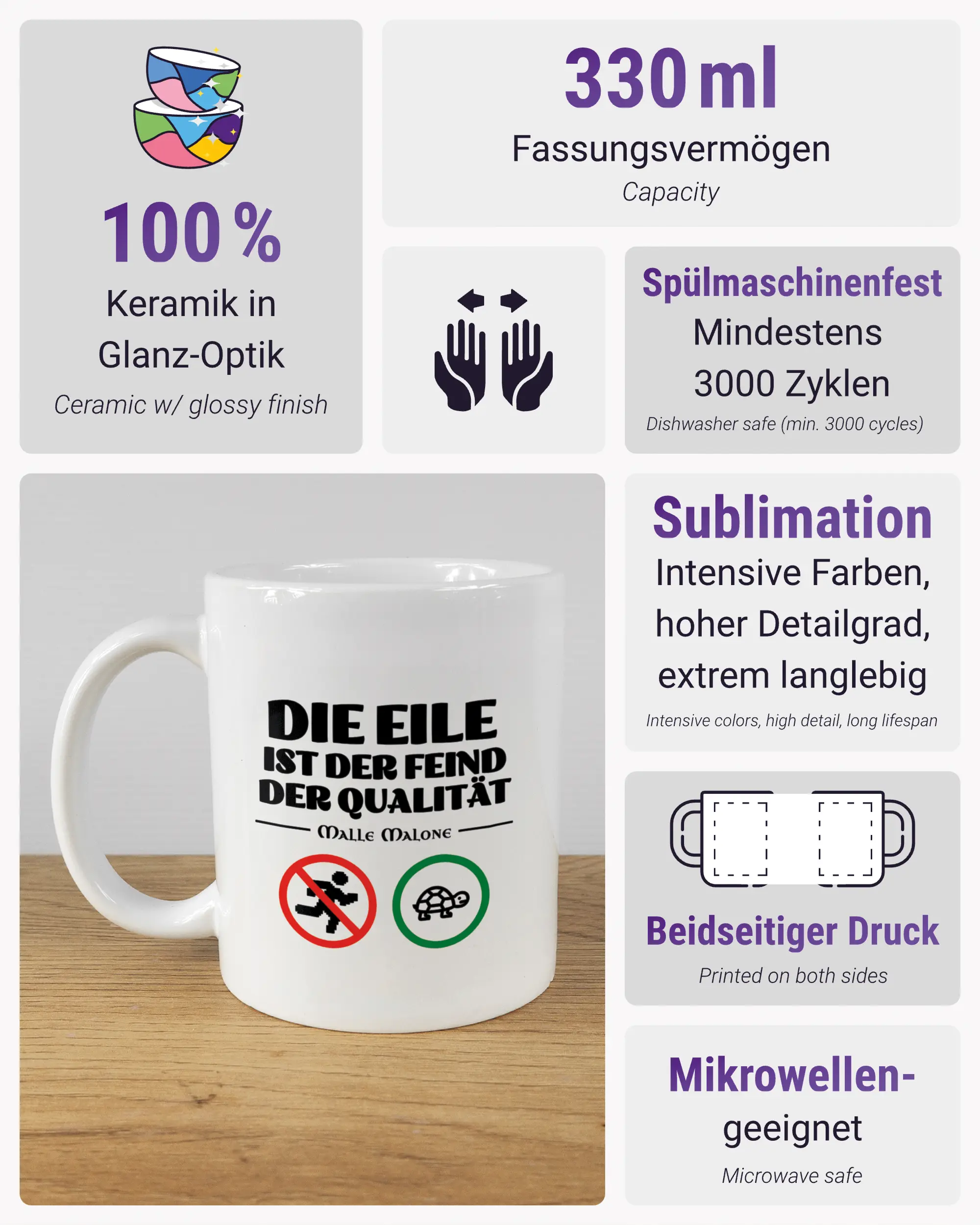 Produktinformationsblatt der beidseitig bedruckten Keramiktasse von Maondo mit dem Design Keine Eile in der Farbe White