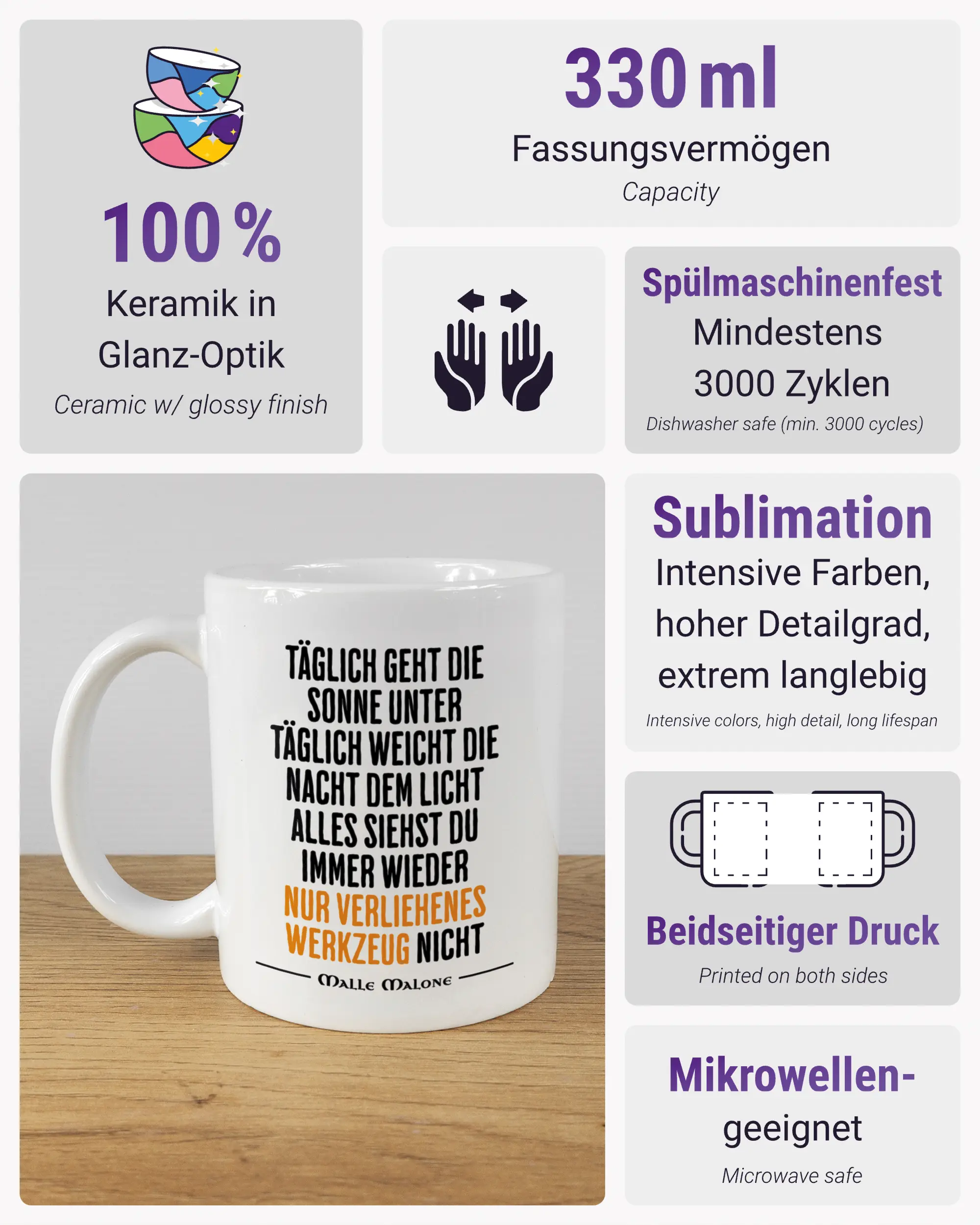 Produktinformationsblatt der beidseitig bedruckten Keramiktasse von Maondo mit dem Design Wegzeug in der Farbe White