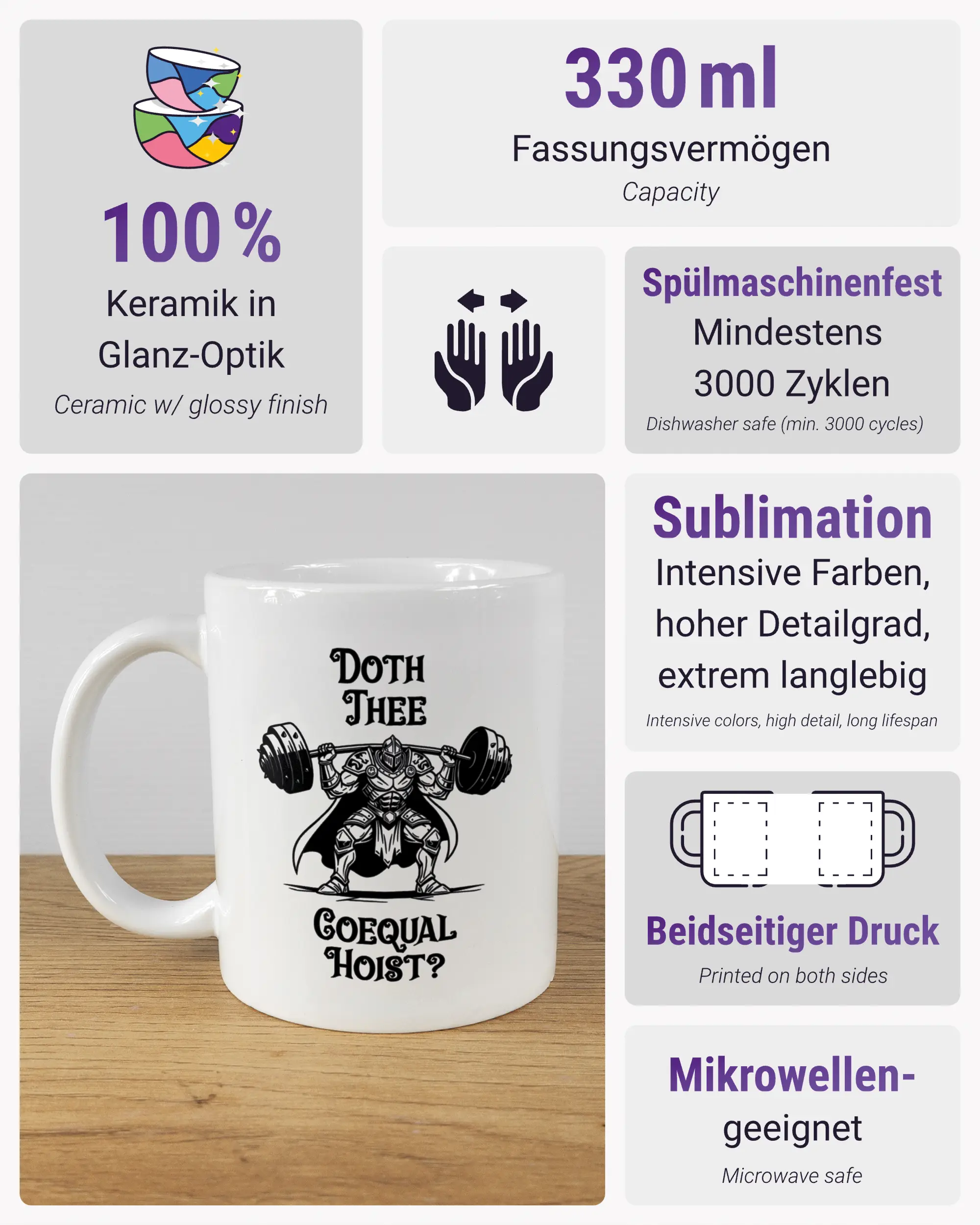 Produktinformationsblatt der beidseitig bedruckten Keramiktasse von Maondo mit dem Design Hoist Mode in der Farbe White
