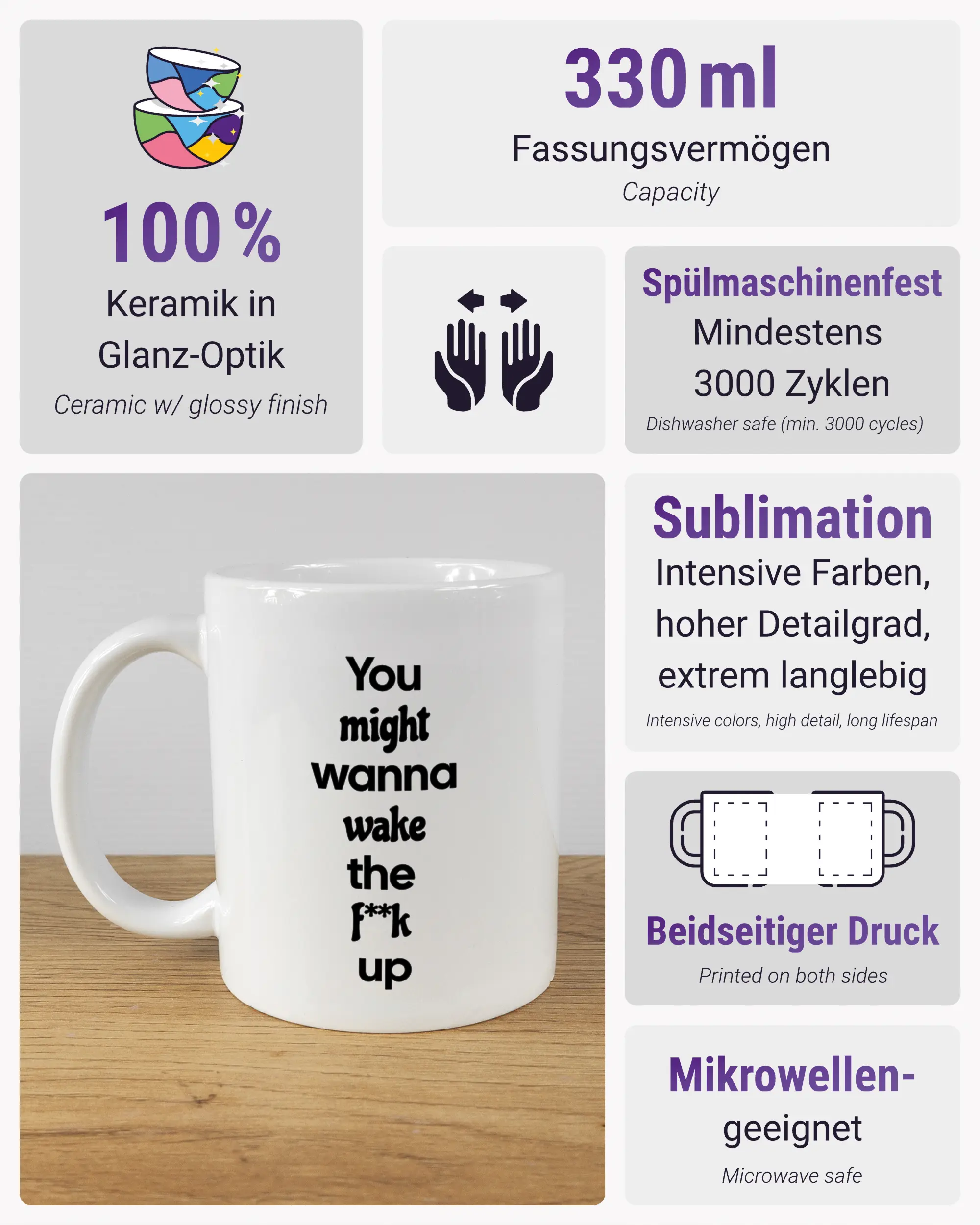 Produktinformationsblatt der beidseitig bedruckten Keramiktasse von Maondo mit dem Design Wanna Wake in der Farbe White