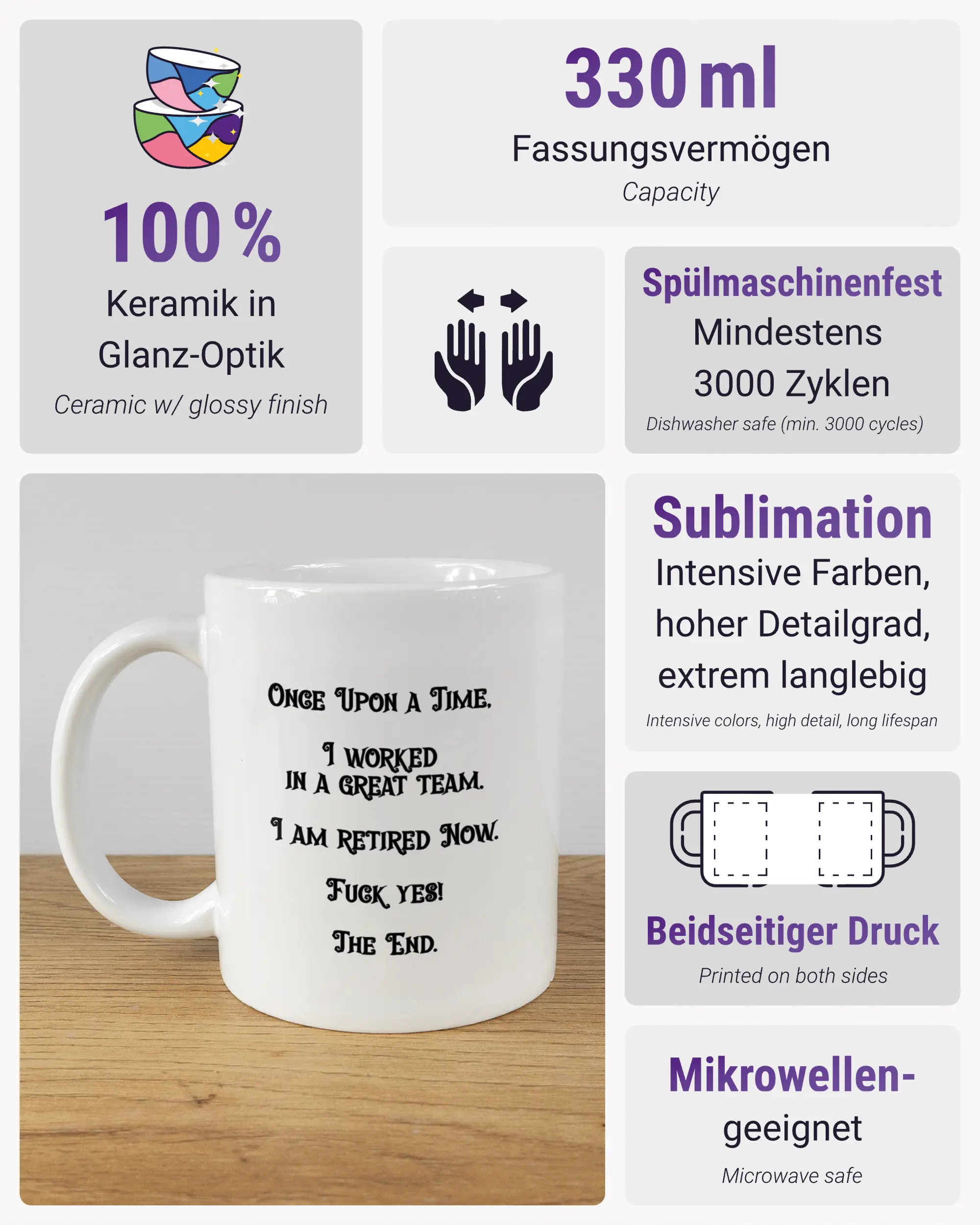 Produktinformationsblatt der beidseitig bedruckten Keramiktasse von Maondo mit dem Design Finally Retired in der Farbe White