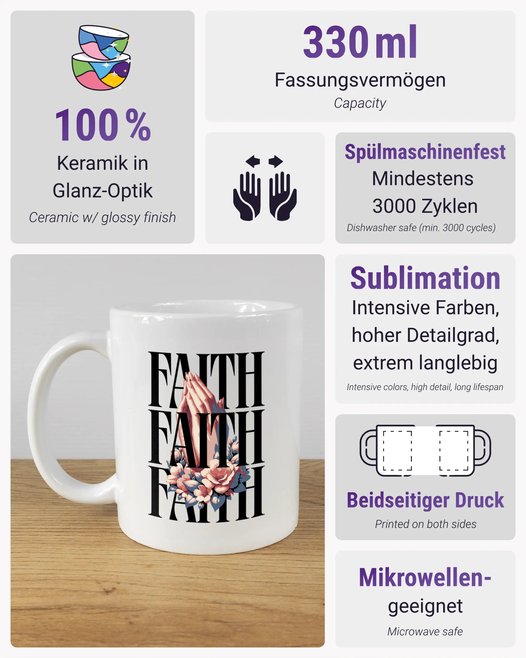 Produktinformationsblatt der beidseitig bedruckten Keramiktasse von Maondo mit dem Design Faith X3 in der Farbe White