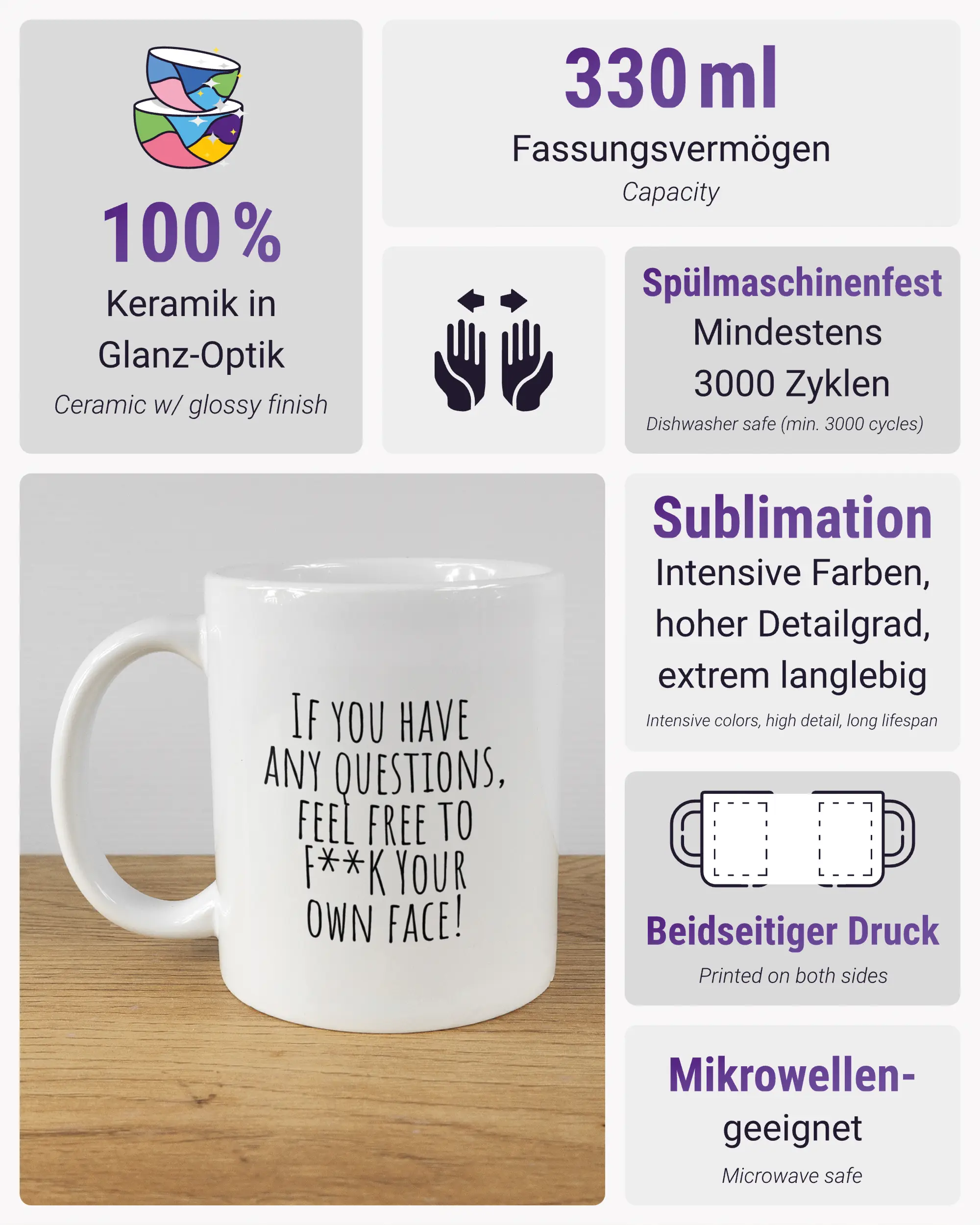 Produktinformationsblatt der beidseitig bedruckten Keramiktasse von Maondo mit dem Design Feel Free in der Farbe White