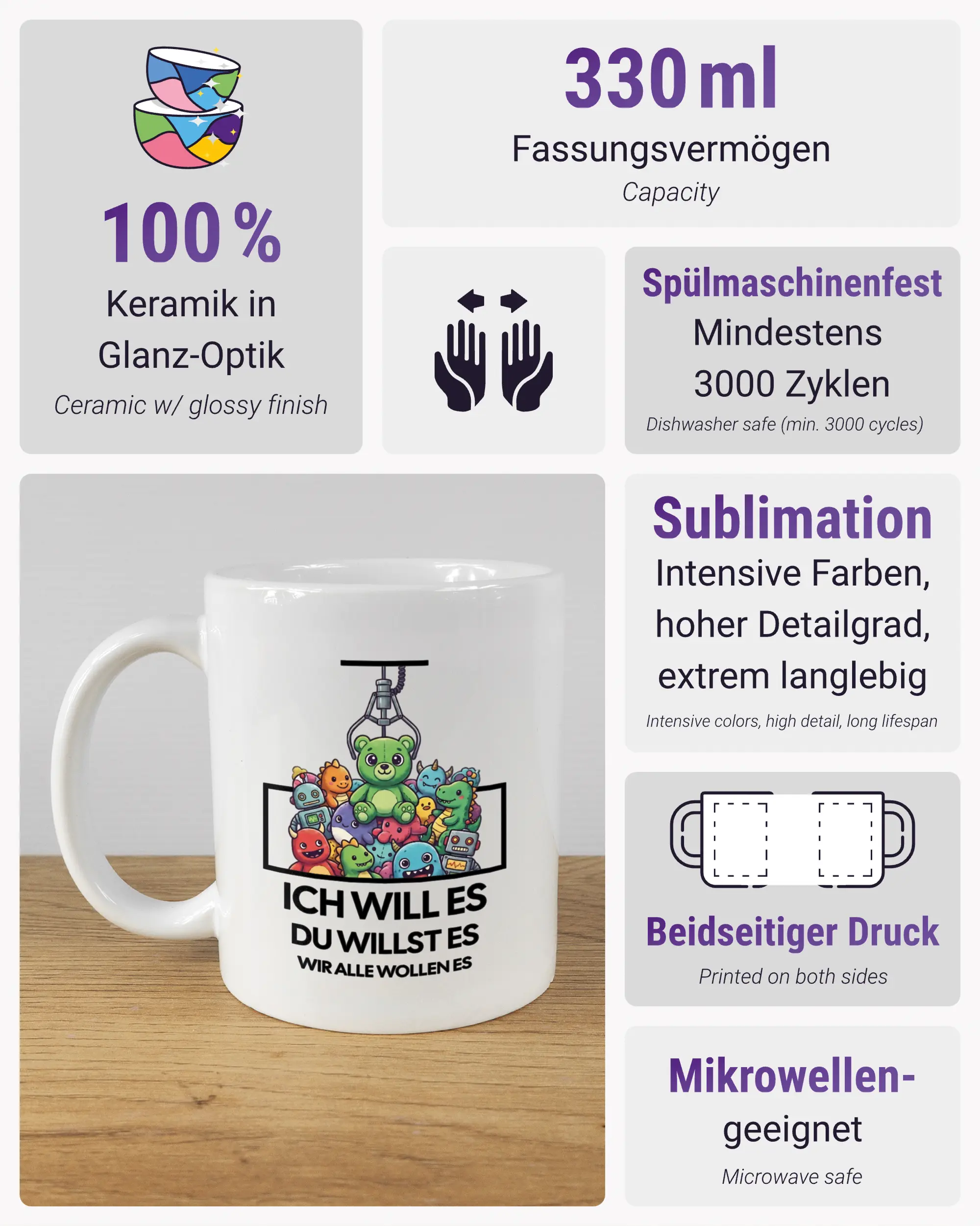 Produktinformationsblatt der beidseitig bedruckten Keramiktasse von Maondo mit dem Design Will Stofftier in der Farbe White