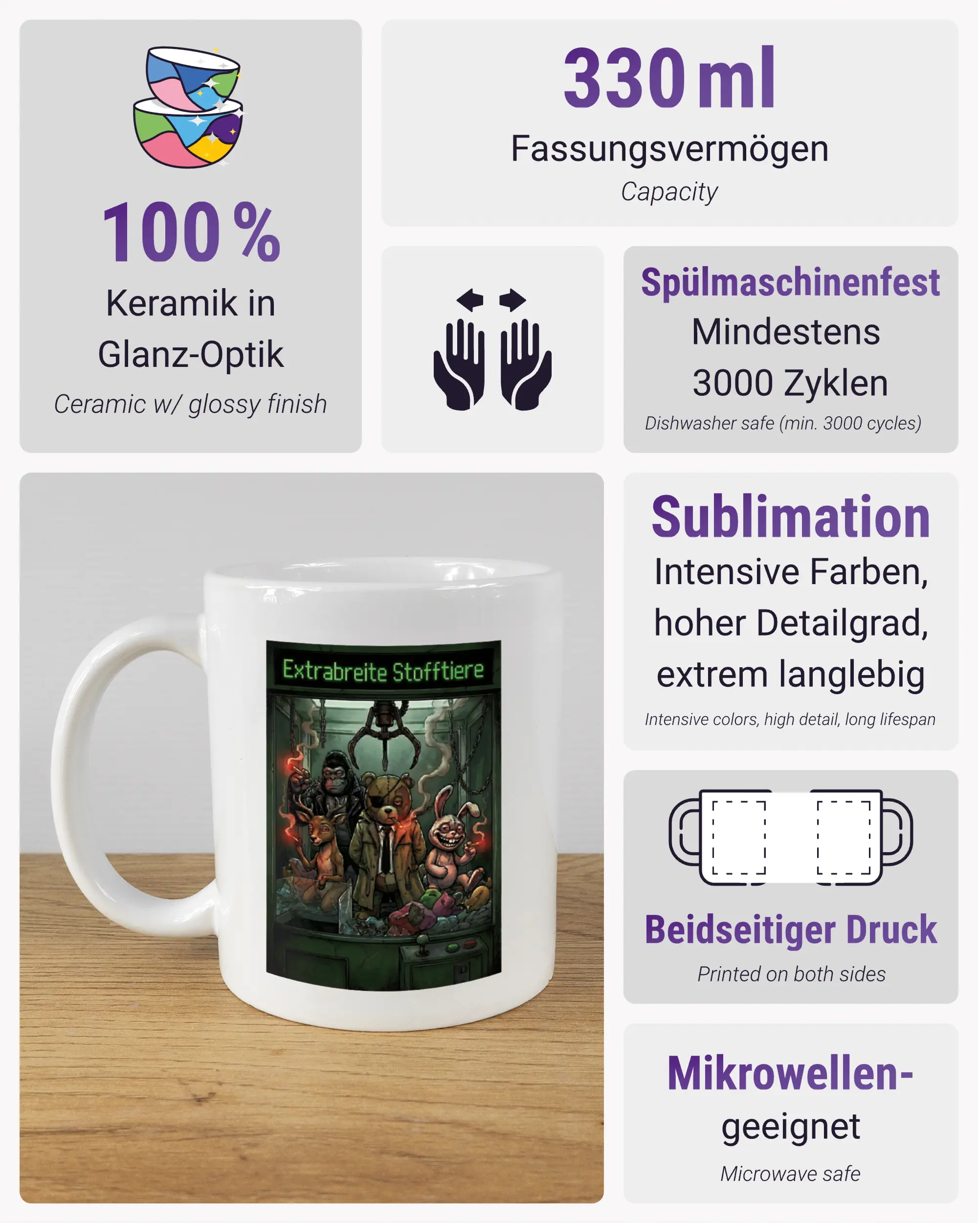 Produktinformationsblatt der beidseitig bedruckten Keramiktasse von Maondo mit dem Design Extrabreit in der Farbe White