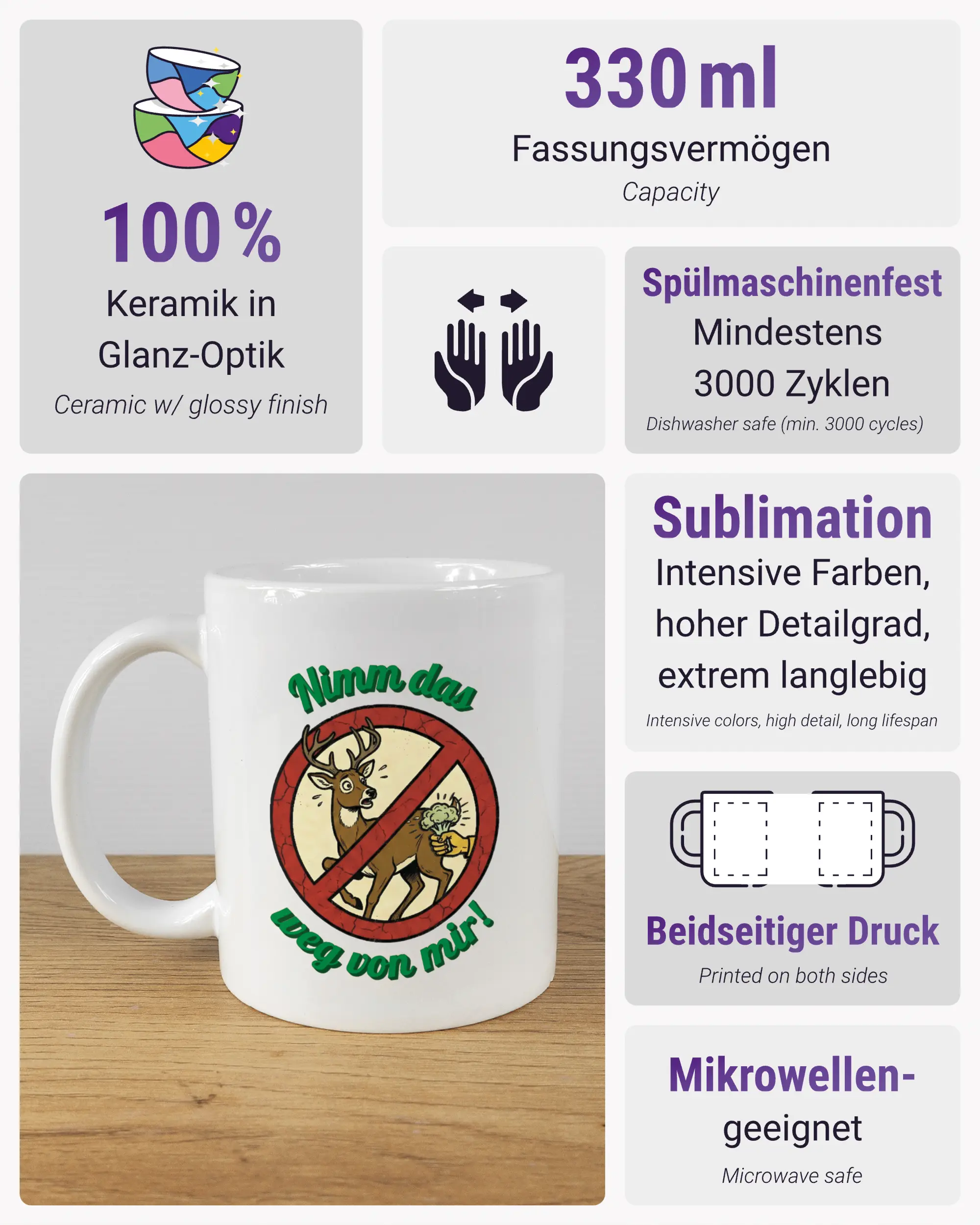 Produktinformationsblatt der beidseitig bedruckten Keramiktasse von Maondo mit dem Design Reh weg in der Farbe White