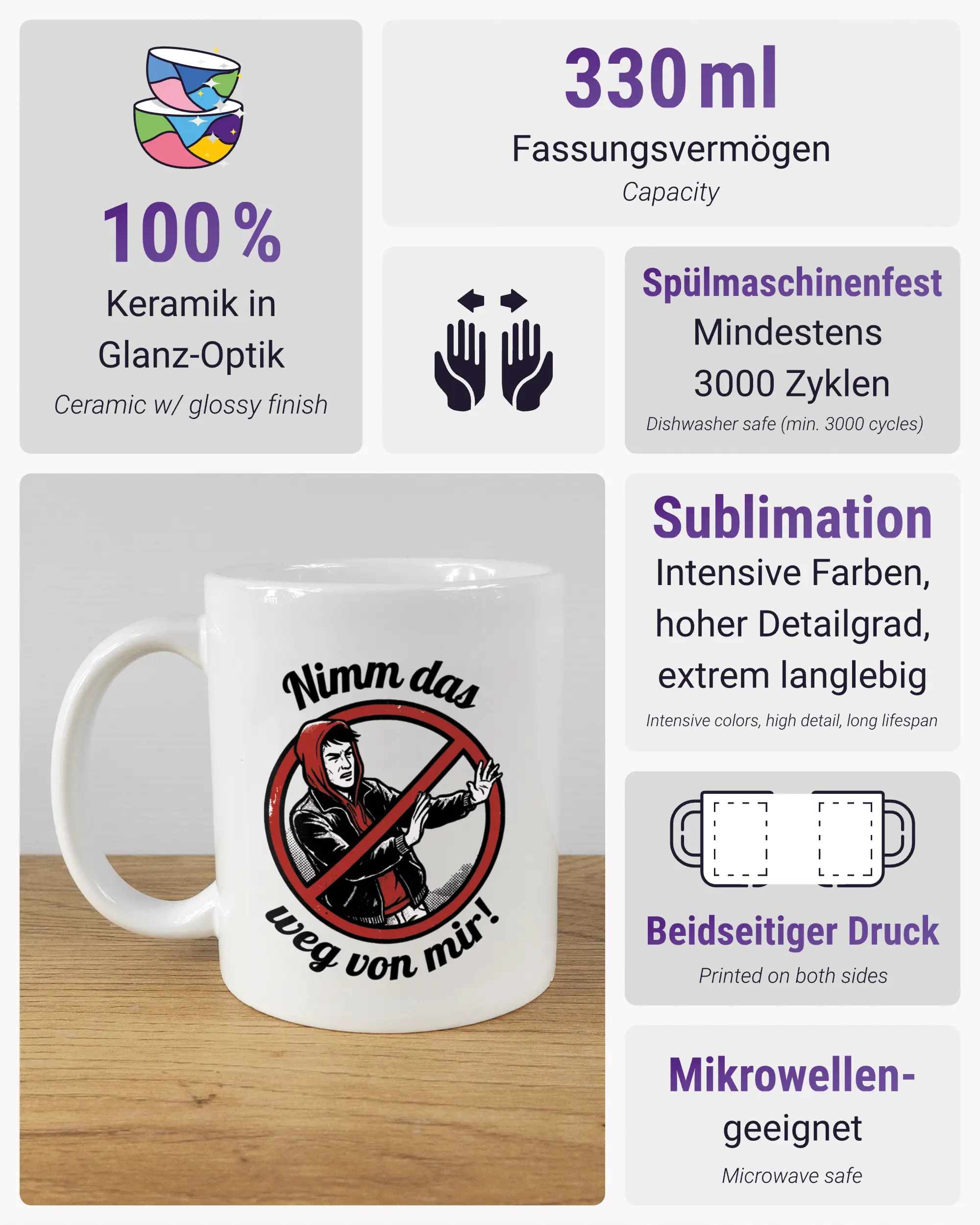 Produktinformationsblatt der beidseitig bedruckten Keramiktasse von Maondo mit dem Design Nimm das weg in der Farbe White