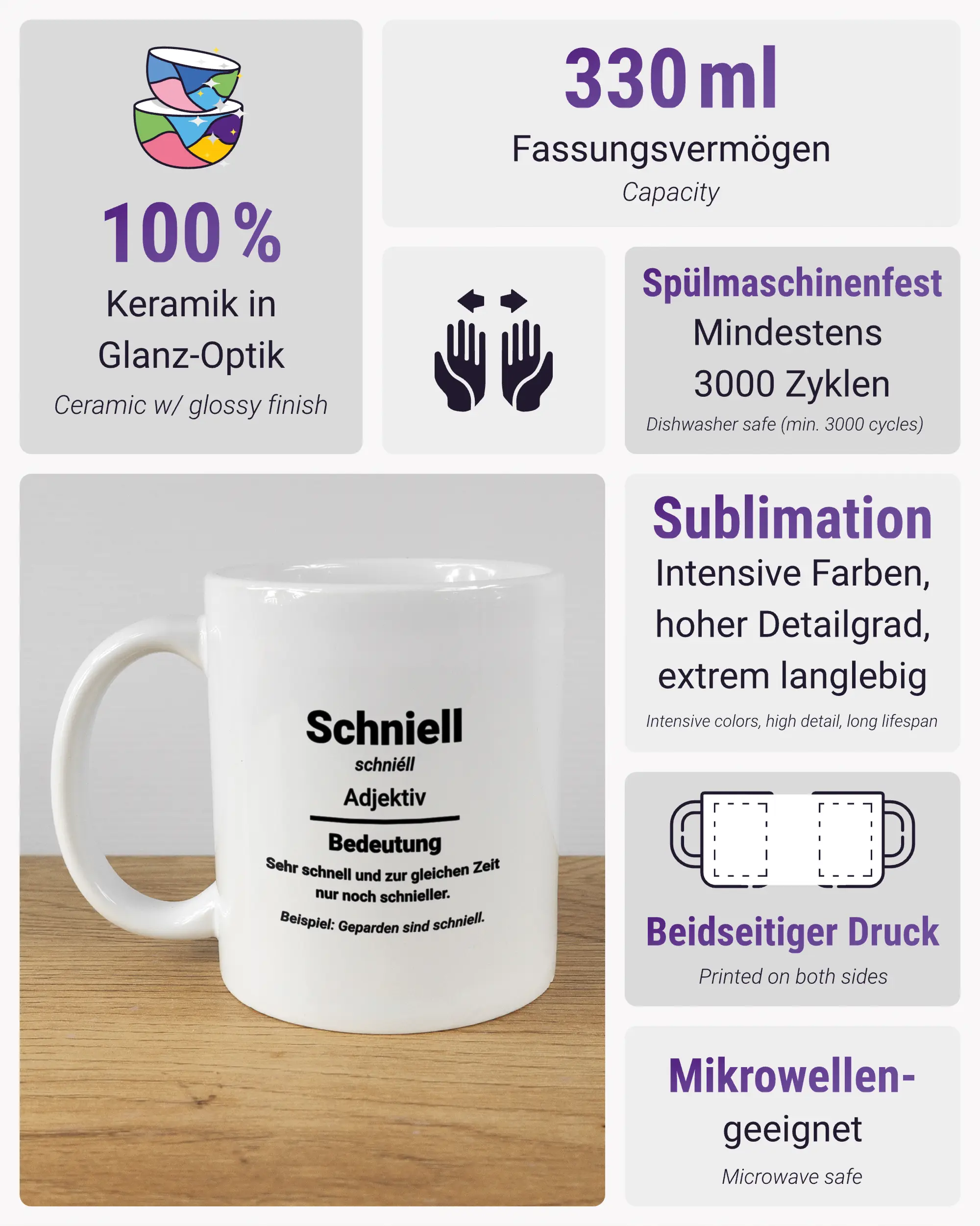 Produktinformationsblatt der beidseitig bedruckten Keramiktasse von Maondo mit dem Design Schniell in der Farbe White