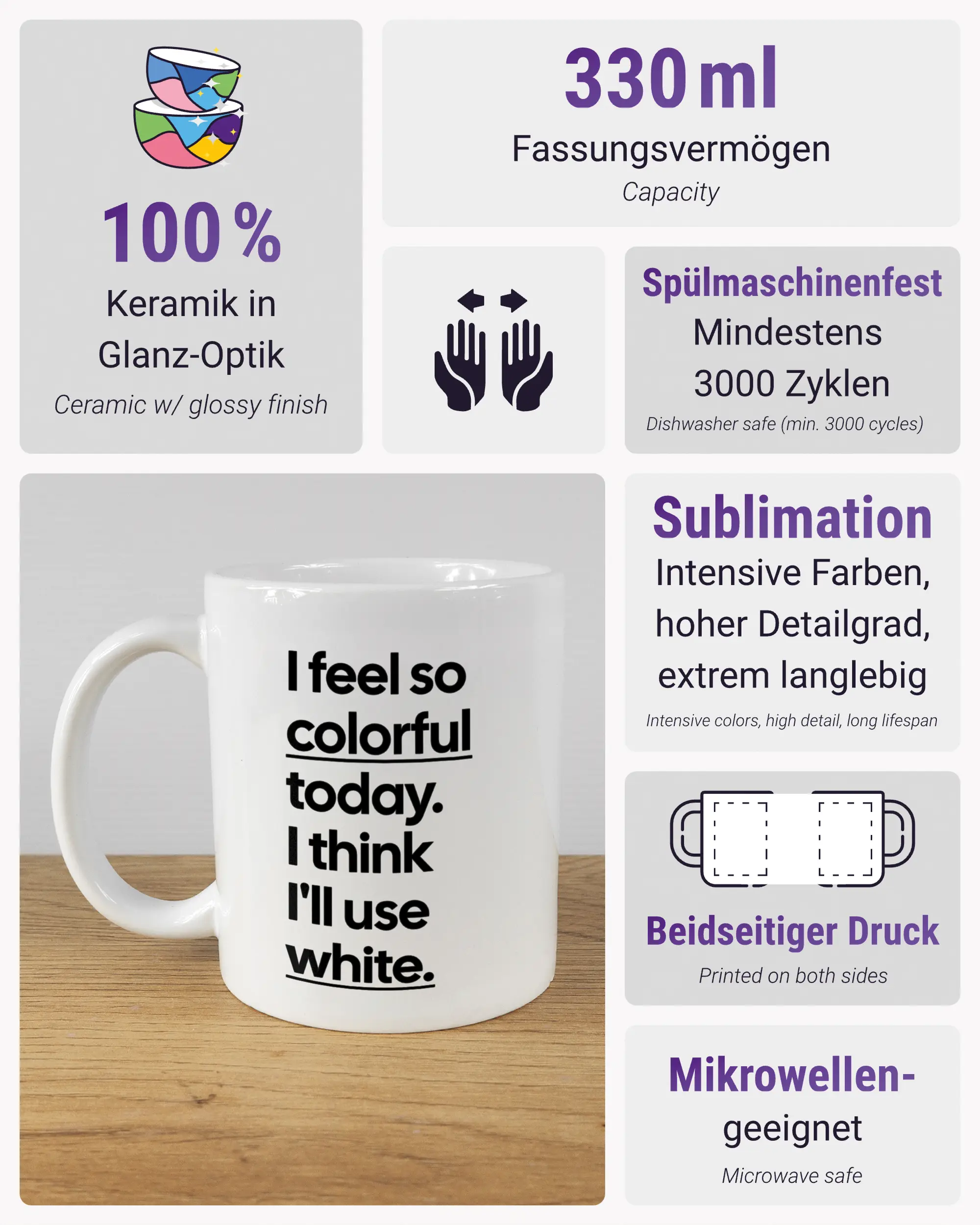 Produktinformationsblatt der beidseitig bedruckten Keramiktasse von Maondo mit dem Design Colorful Day in der Farbe White