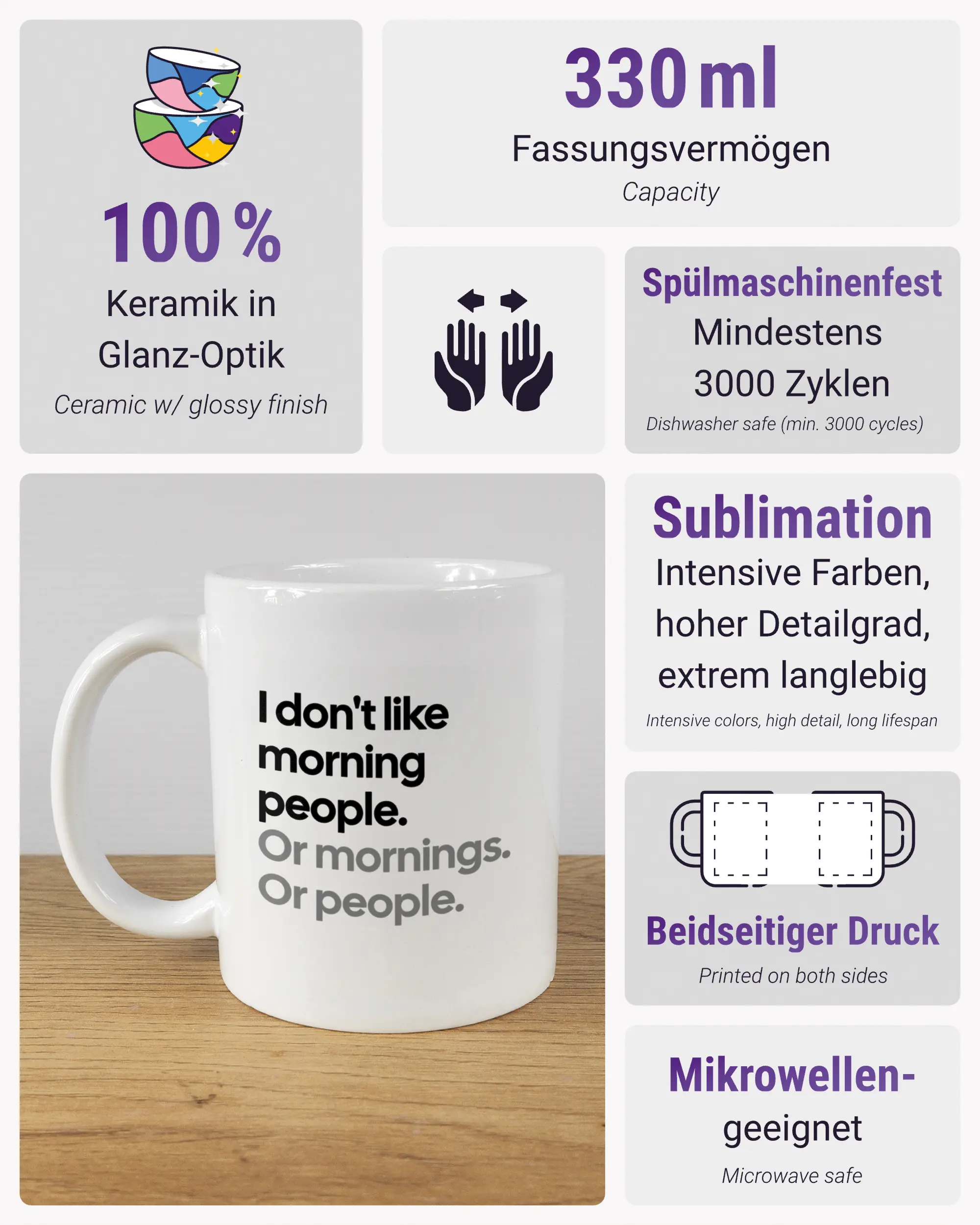 Produktinformationsblatt der beidseitig bedruckten Keramiktasse von Maondo mit dem Design Morning Person in der Farbe White
