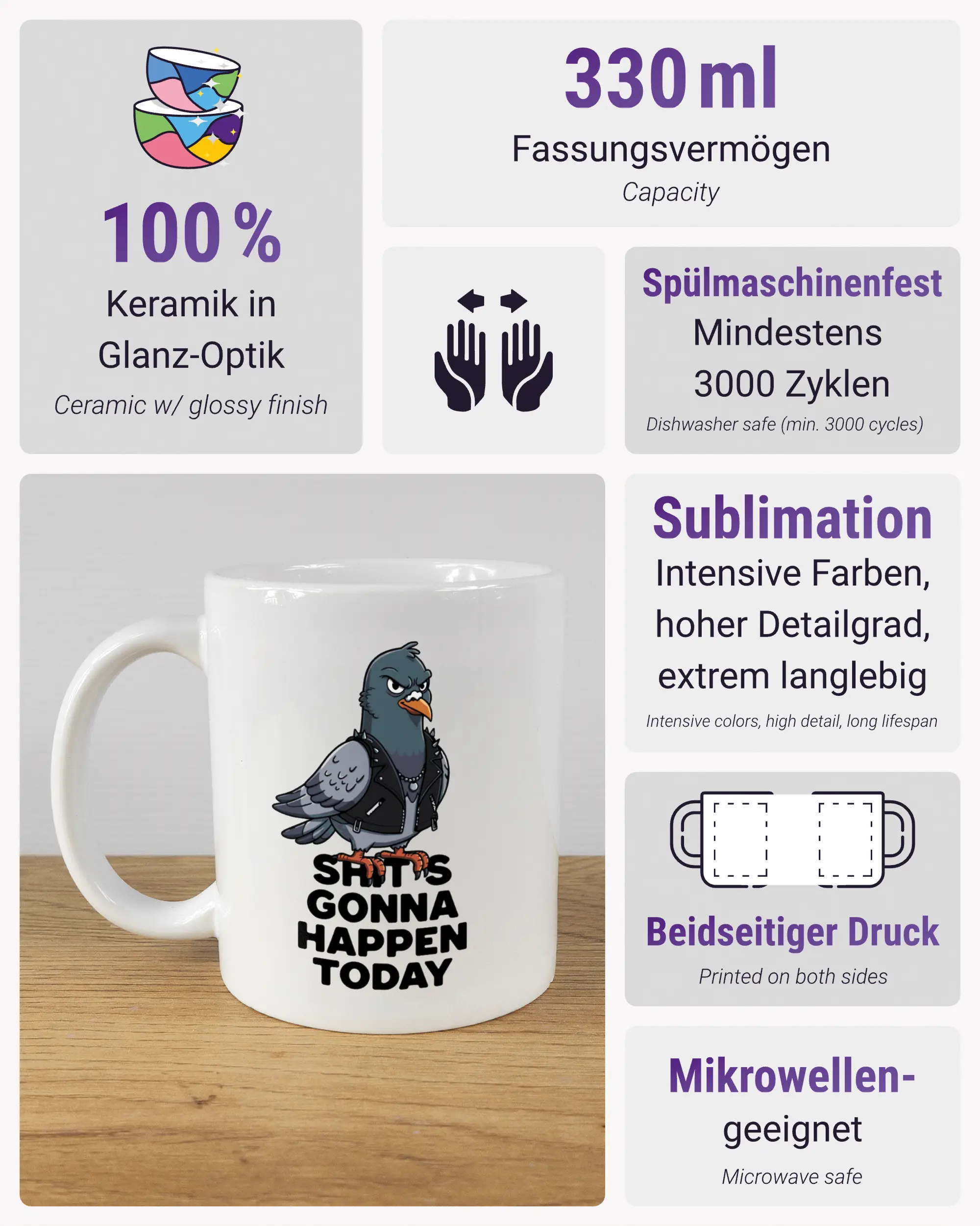 Produktinformationsblatt der beidseitig bedruckten Keramiktasse von Maondo mit dem Design Pigeon Pun in der Farbe White