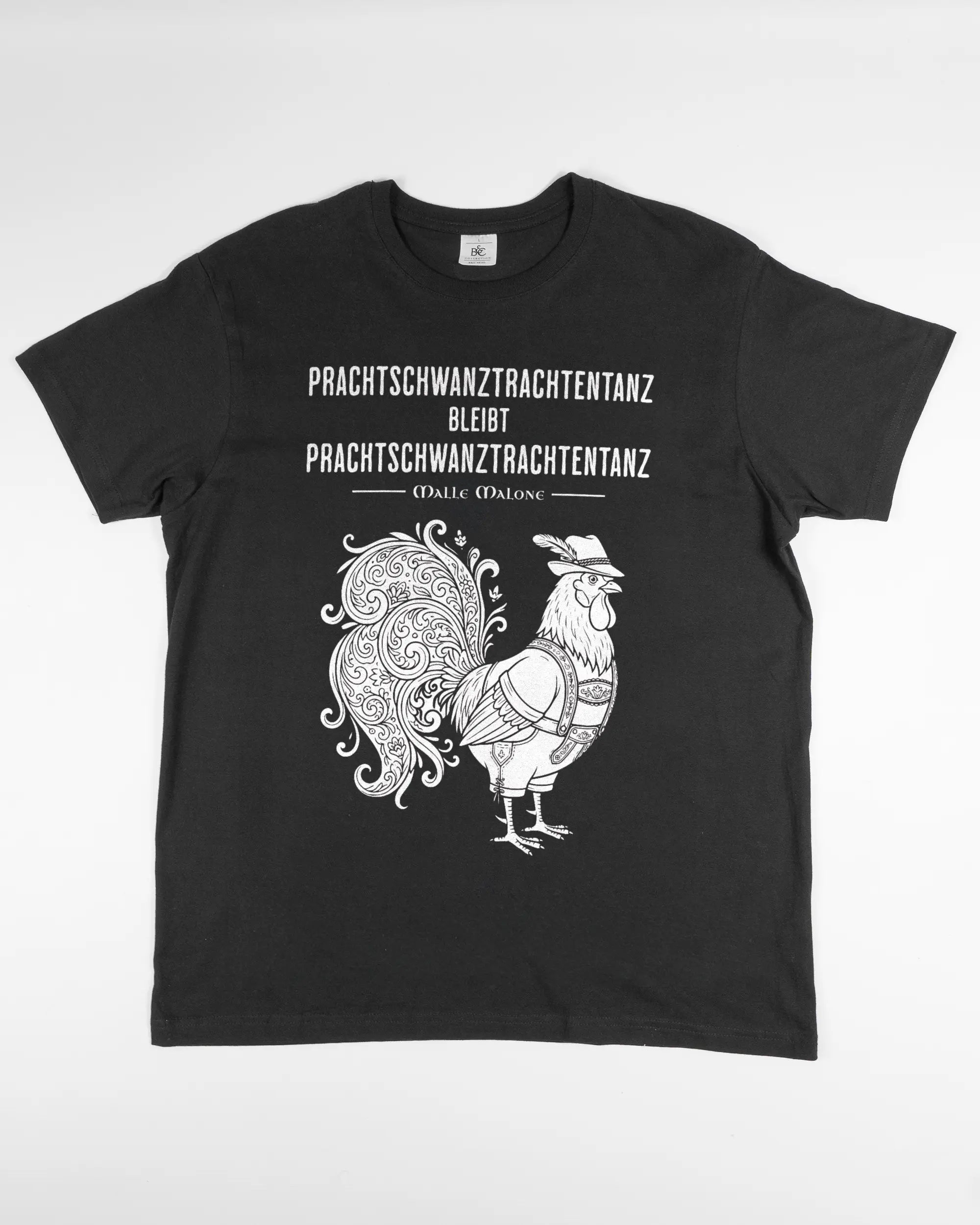 Vorderseite des Basic Unisex T-Shirt Soft von Maondo mit dem Design Trachtentanz in der Farbe Black und in der Größe L flach auf den Boden gelegt