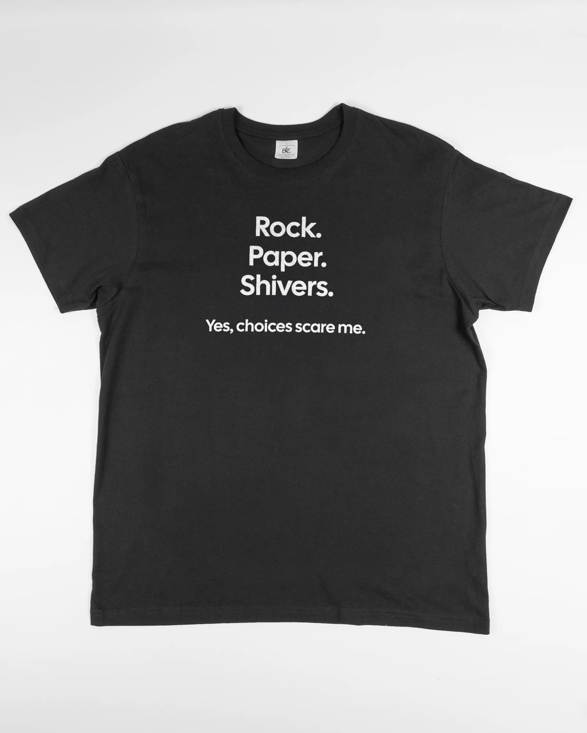Vorderseite des Basic Unisex T-Shirt Soft von Maondo mit dem Design Rock Paper Shivers in der Farbe Black und in der Größe L flach auf den Boden gelegt
