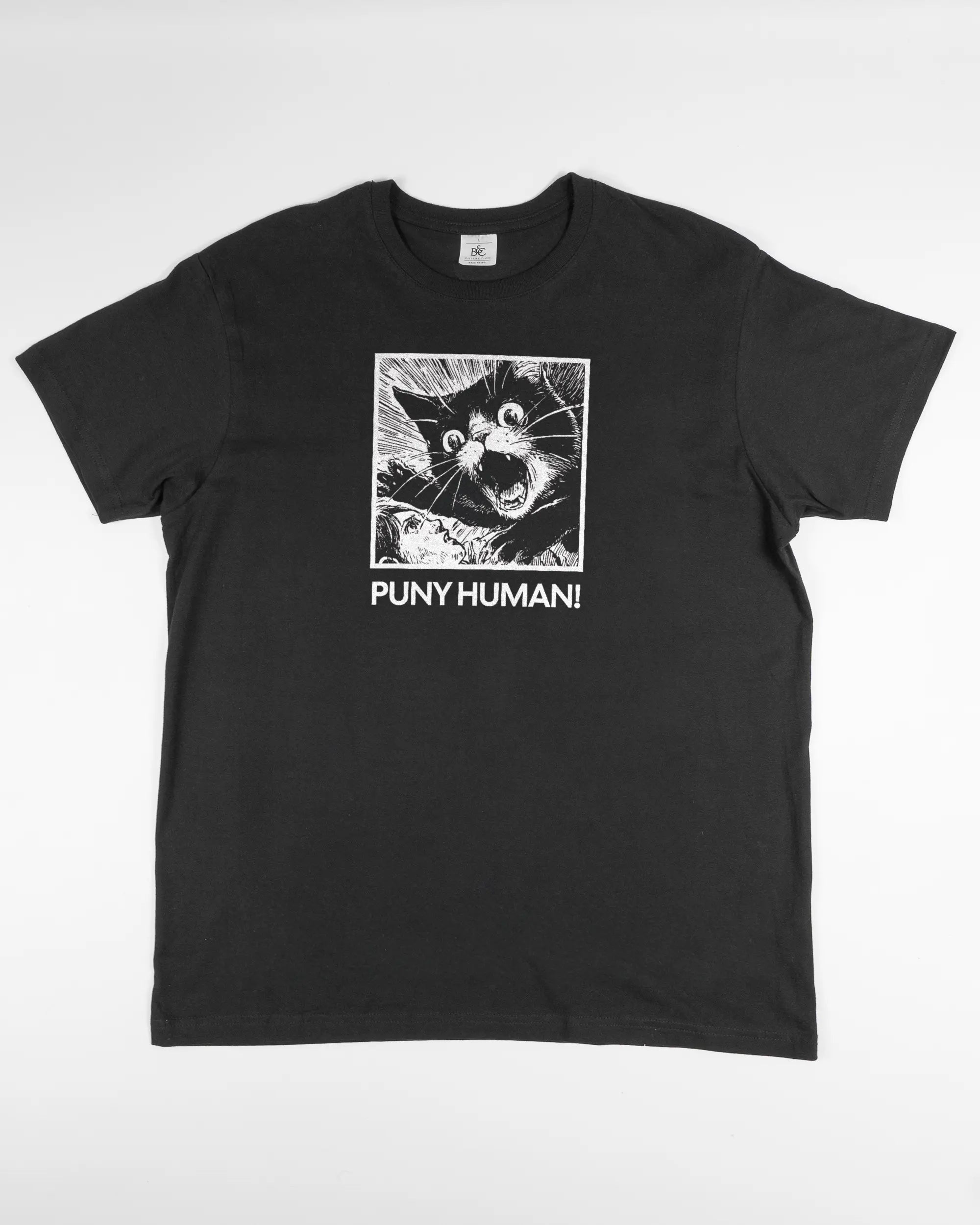 Vorderseite des Basic Unisex T-Shirt Soft von Maondo mit dem Design Puny Human in der Farbe Black und in der Größe L flach auf den Boden gelegt